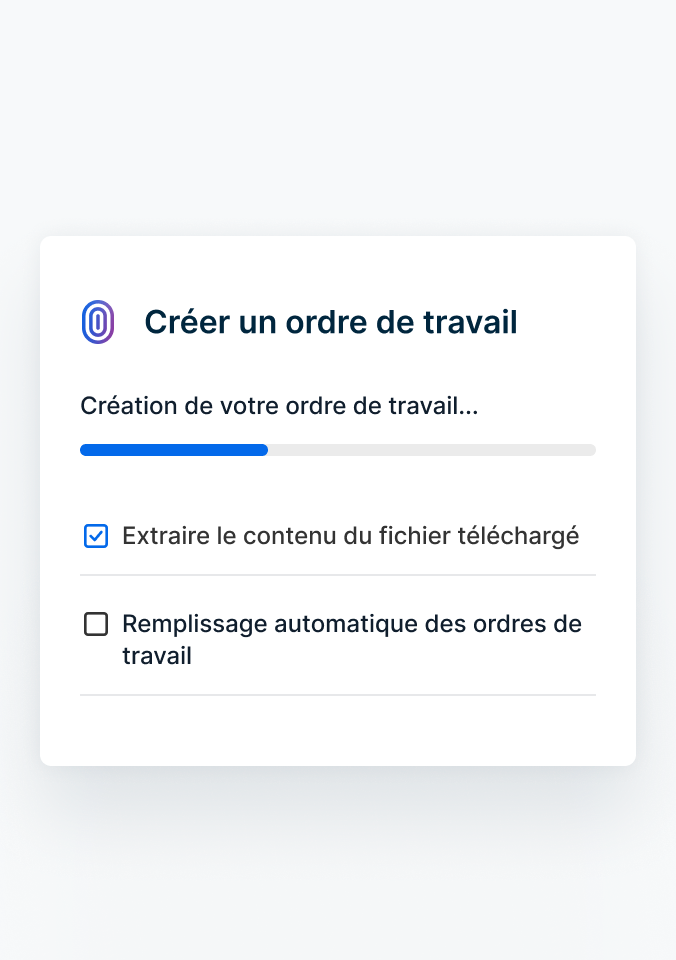 Un ordre de travail rempli par l'IA à partir d'une facture chargée.