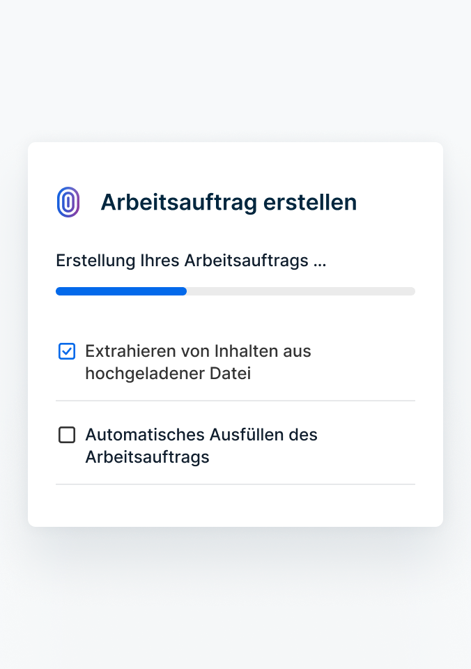 Ein von KI ausgefüllter Arbeitsauftrag, der aus einer hochgeladenen Rechnung abgerufen wurde.