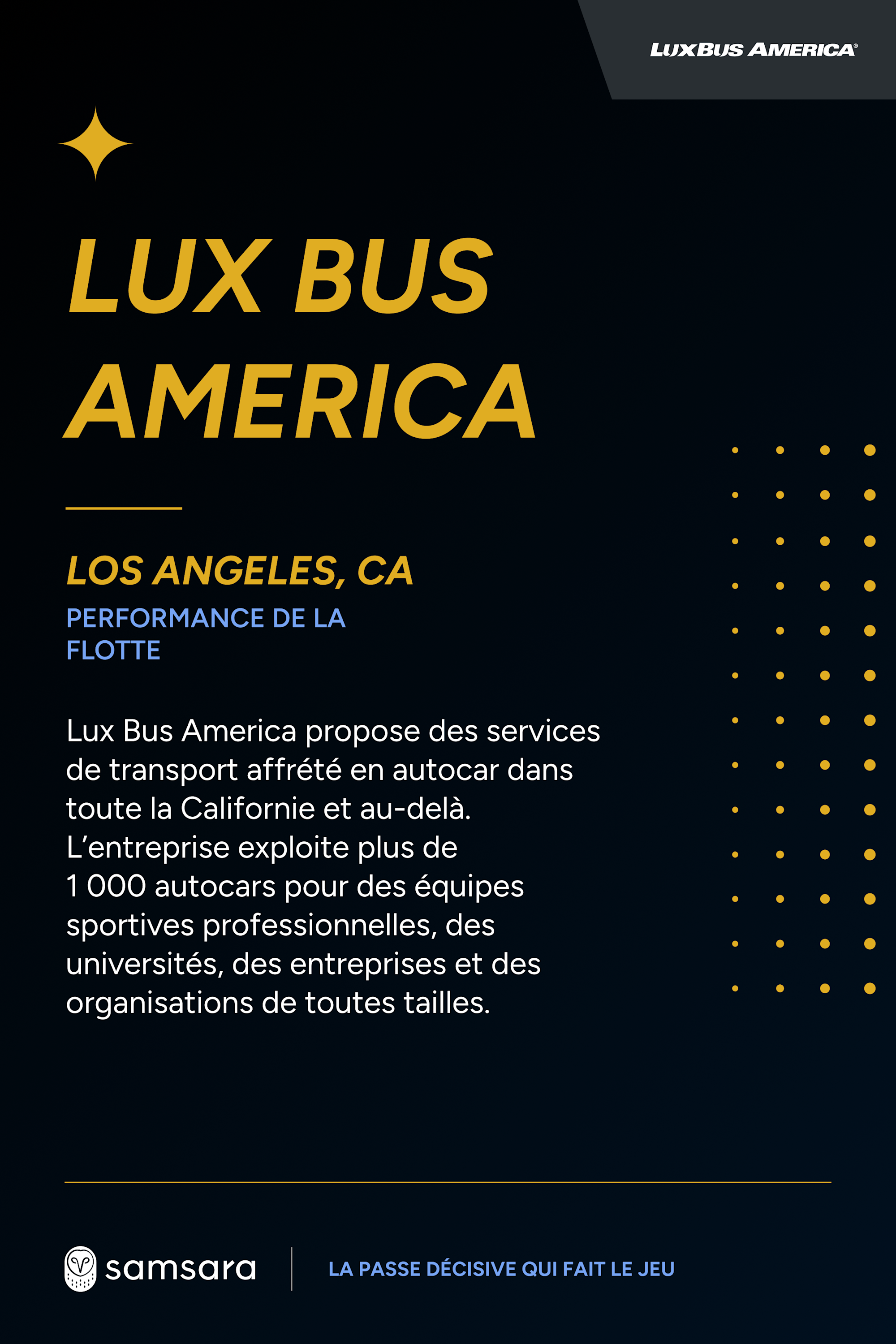 Affiche Lux Bus America sur fond noir avec texte doré, présentant leurs services de transport en autocar en Californie.