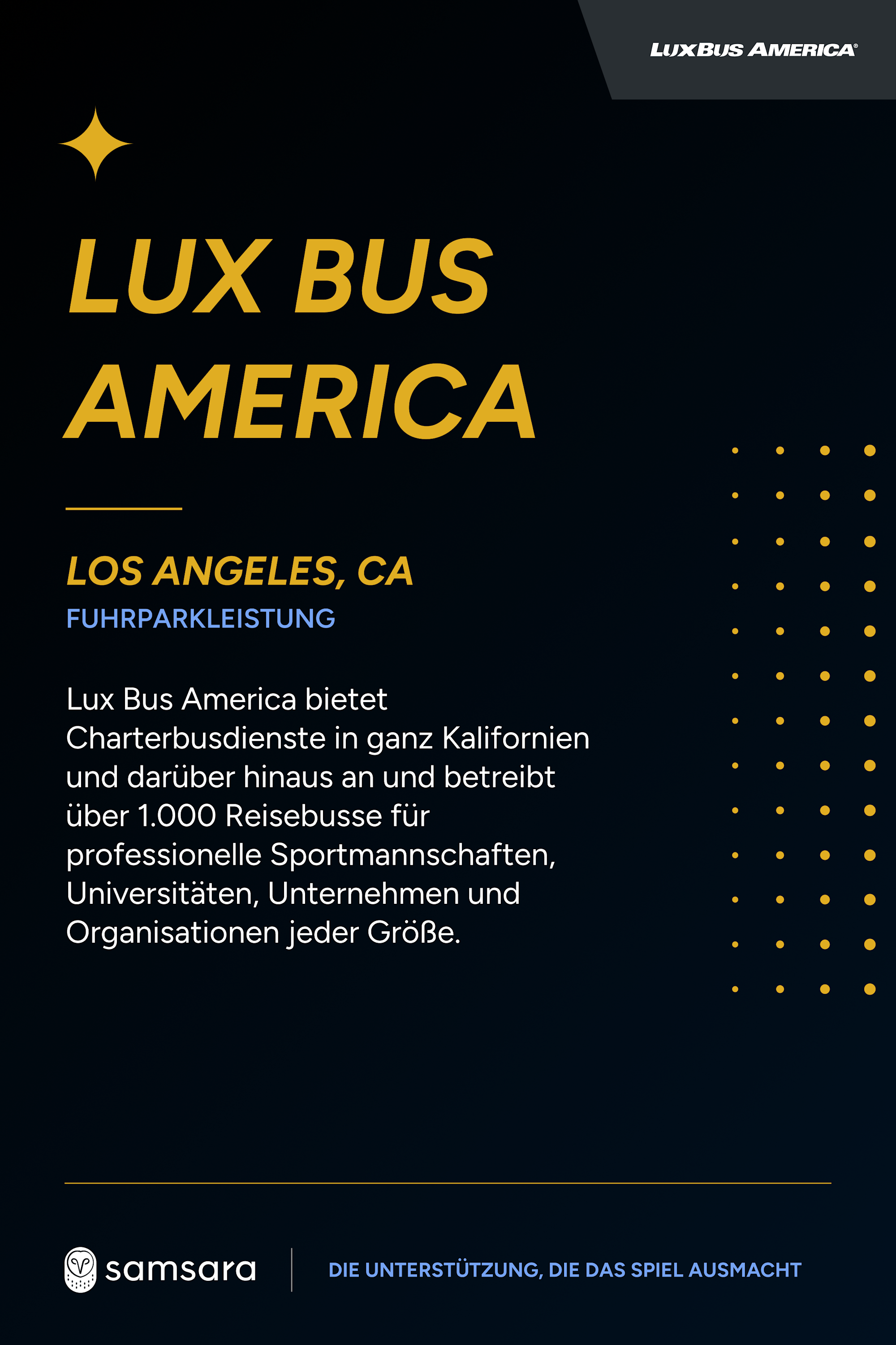 Lux Bus America Infografik auf schwarzem Hintergrund mit goldenem Text, Standort Los Angeles, CA, und Samsara-Logo.