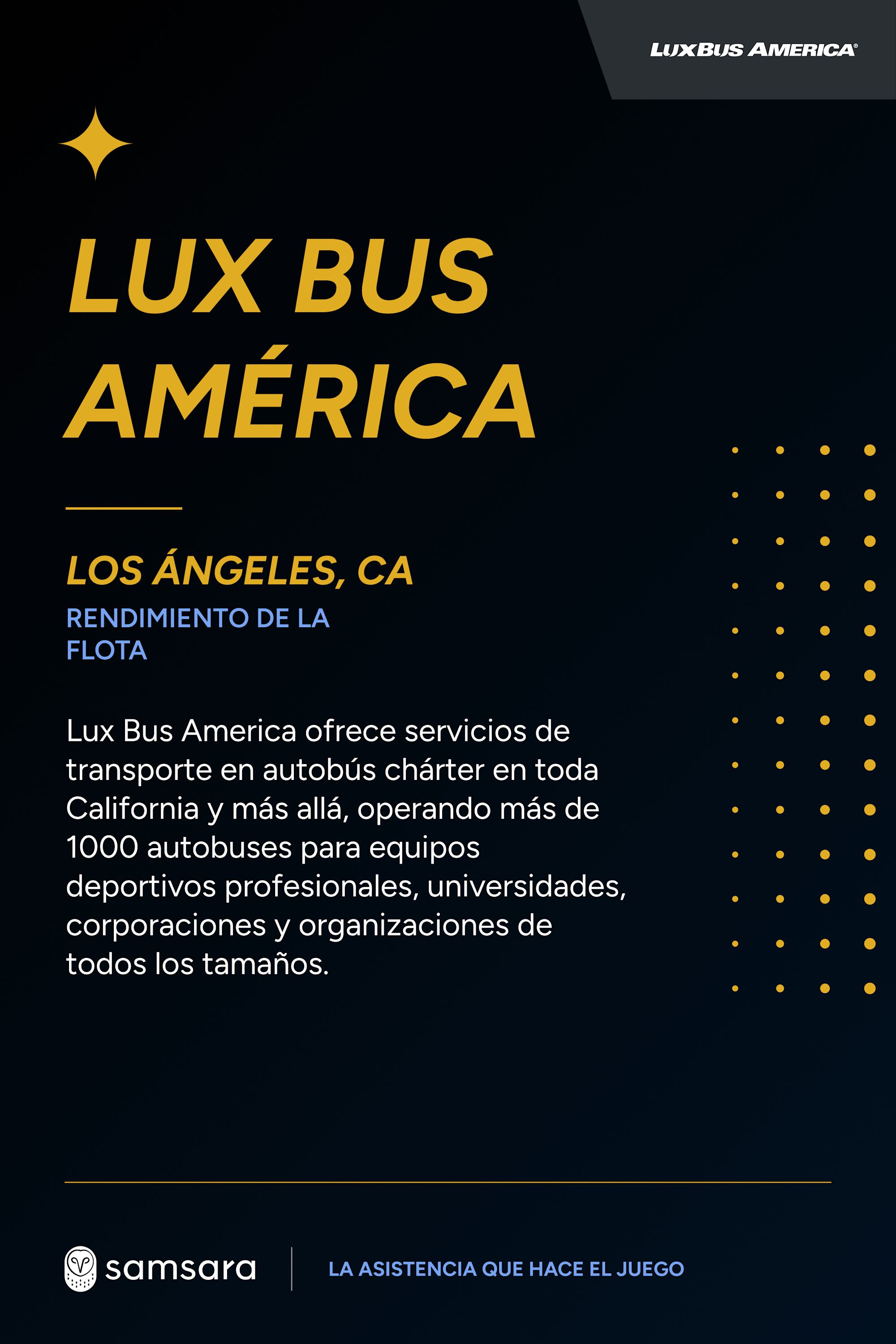 Imagen promocional de Lux Bus América en fondo negro con texto dorado sobre servicios de transporte chárter en California.