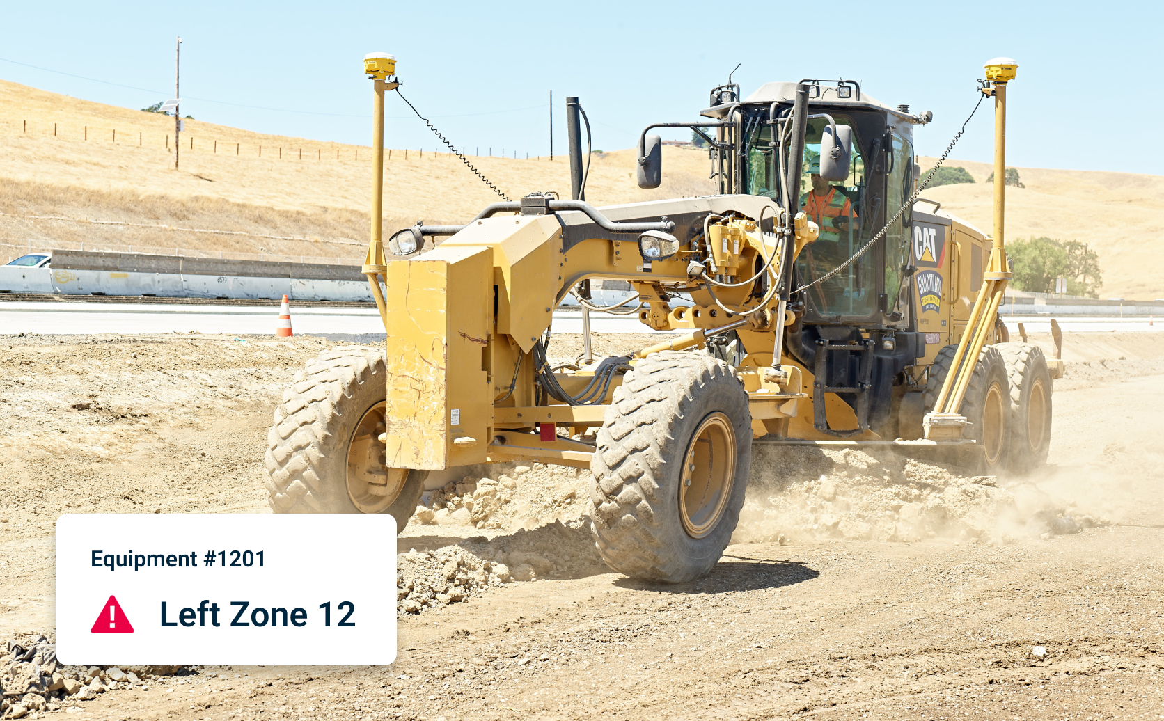 Image shows construction vehicle at a site. Overlay shows Geofencing alert: Equipment #1201 Left Zone 12