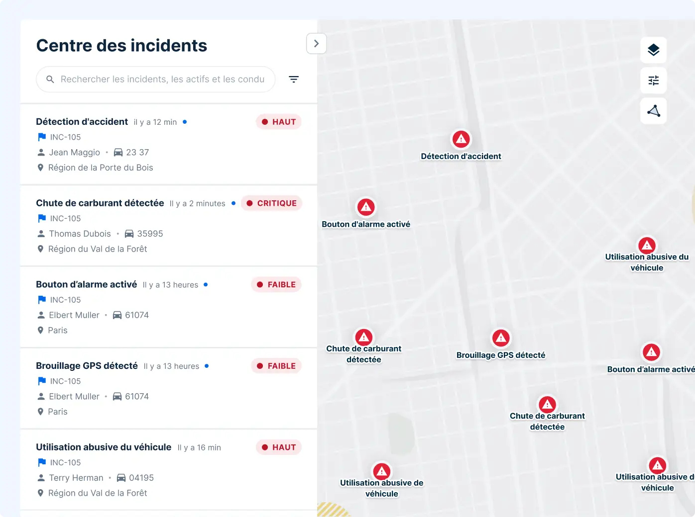 Tableau de bord du centre d'incidents affichant les alertes relatives aux véhicules, (accidents, position, gravité, etc.).