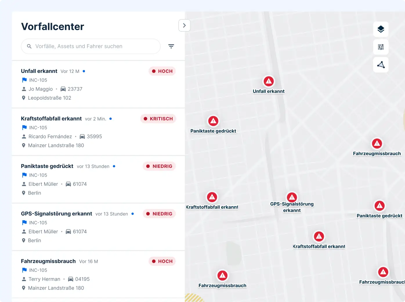 Incident Center Dashboard mit Fahrzeugwarnungen, darunter Unfälle, Kraftstoffstandverlust mit Kartenposition und Schweregrad.