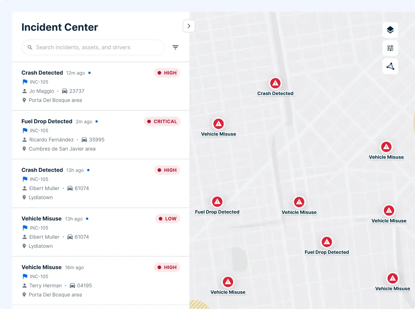 Incident Centre dashboard showing vehicle alerts including crashes, fuel drops with map locations and severity levels.