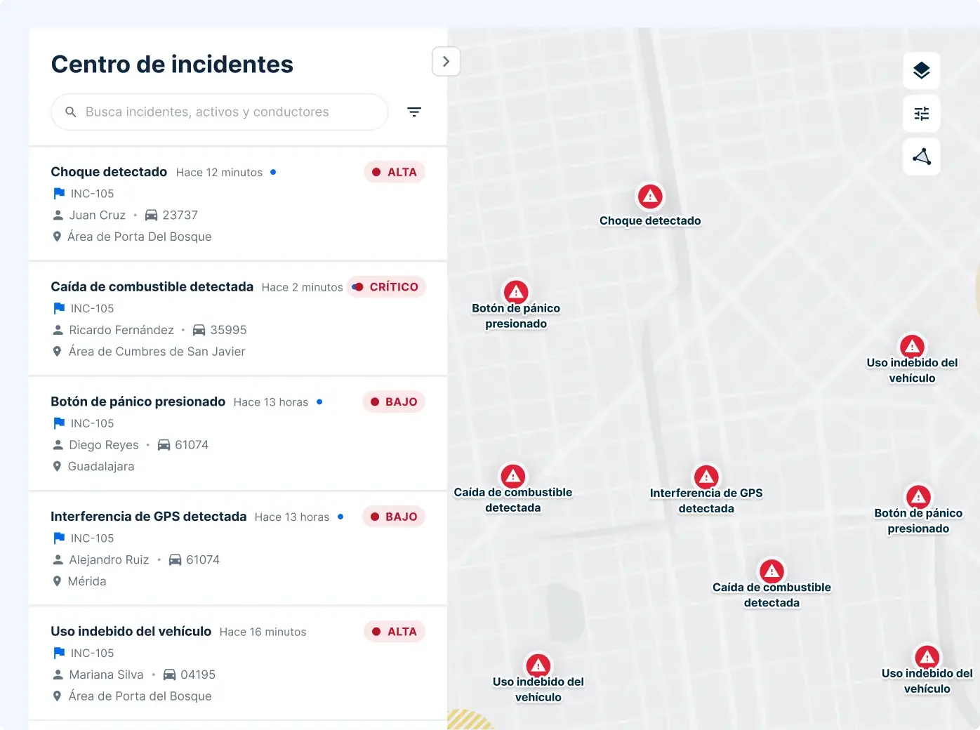 Interfaz del Centro de incidentes mostrando alertas como choques, caídas de combustible con sus ubicaciones.