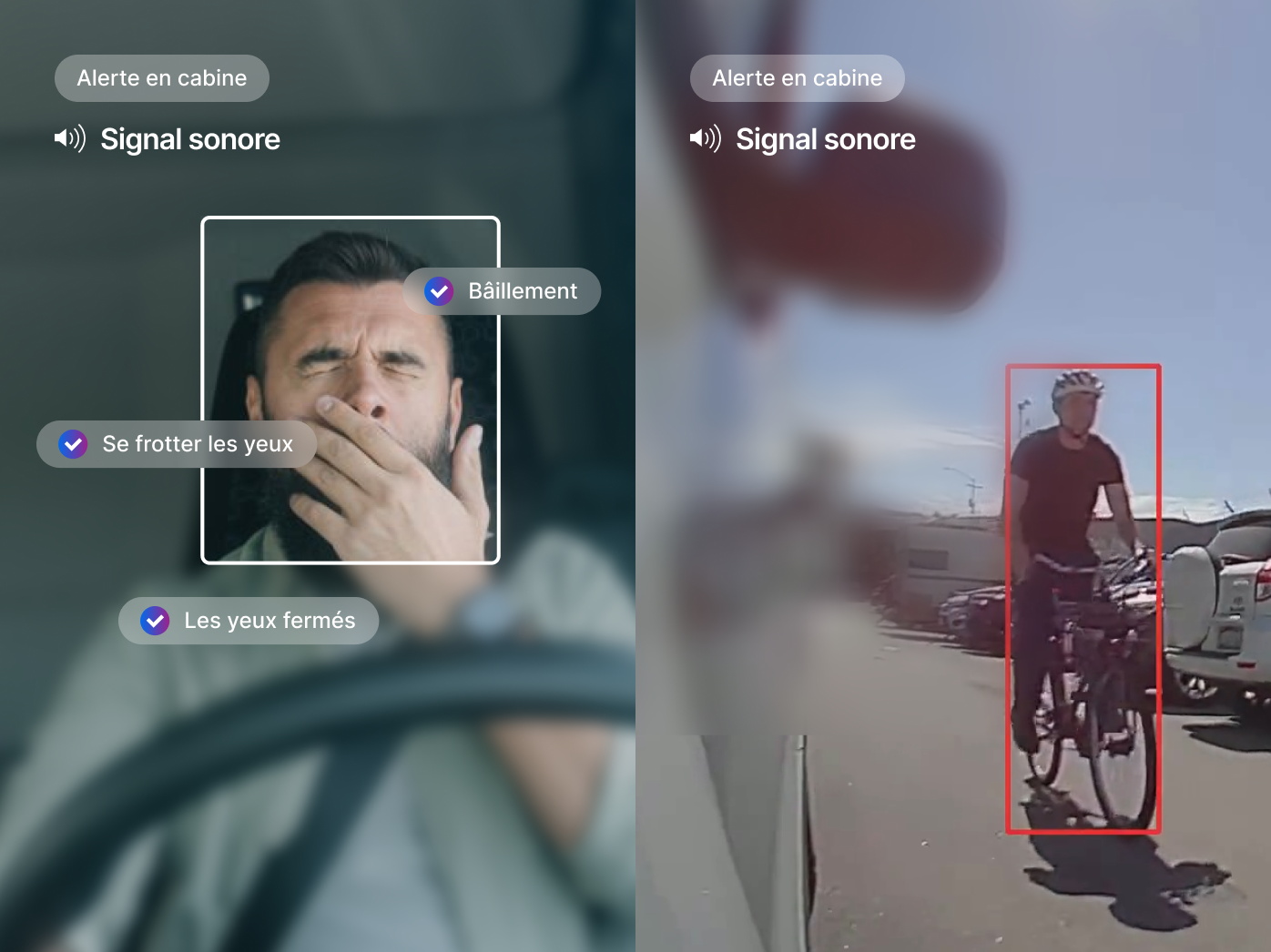 Système de détection en cabine : conducteur somnolent à gauche, cycliste détecté à droite avec alertes sonores.