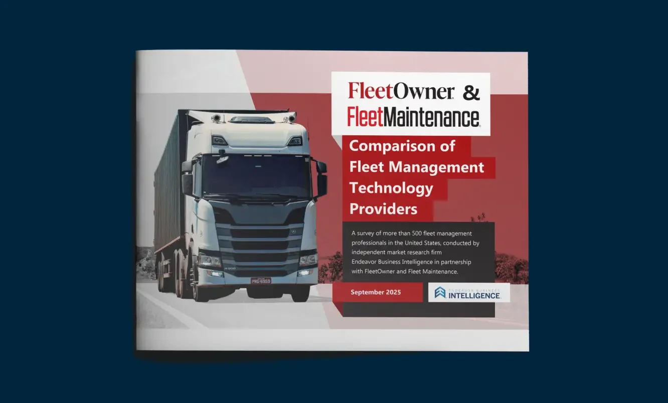 White semi-truck on cover of Fleet Management Technology Providers comparison report with red and white design elements.