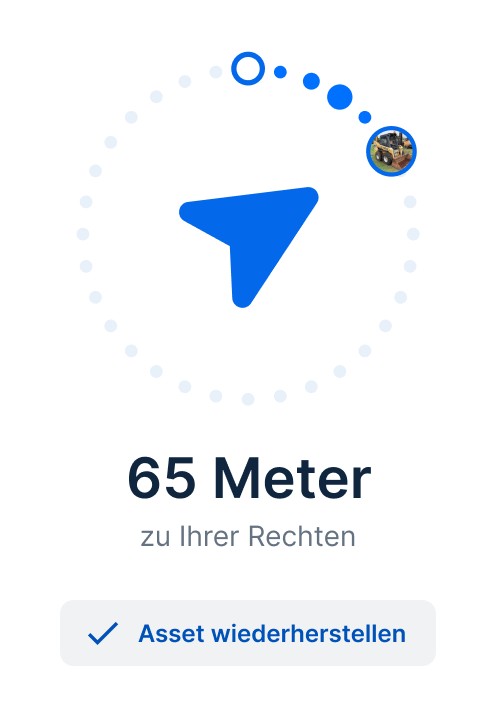 Navigationsschnittstelle mit blauem Richtungspfeil, der 65 Fuß nach rechts auf das Asset zeigt, mit „Asset bergen“-Button