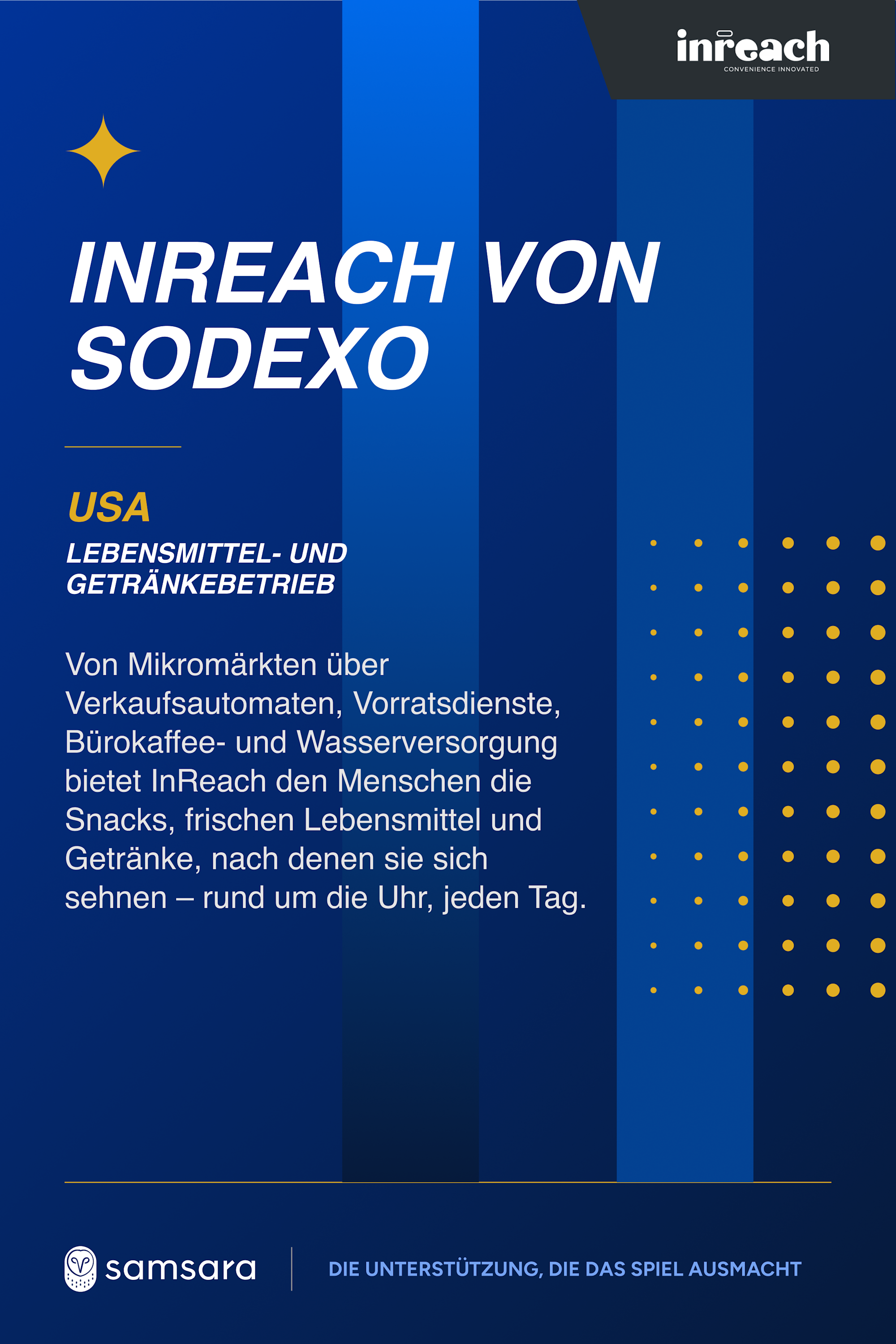 Blaues Werbeplakat von InReach by Sodexo mit Text über Lebensmittel- und Getränkeservices in den USA, mit Samsara-Logo.
