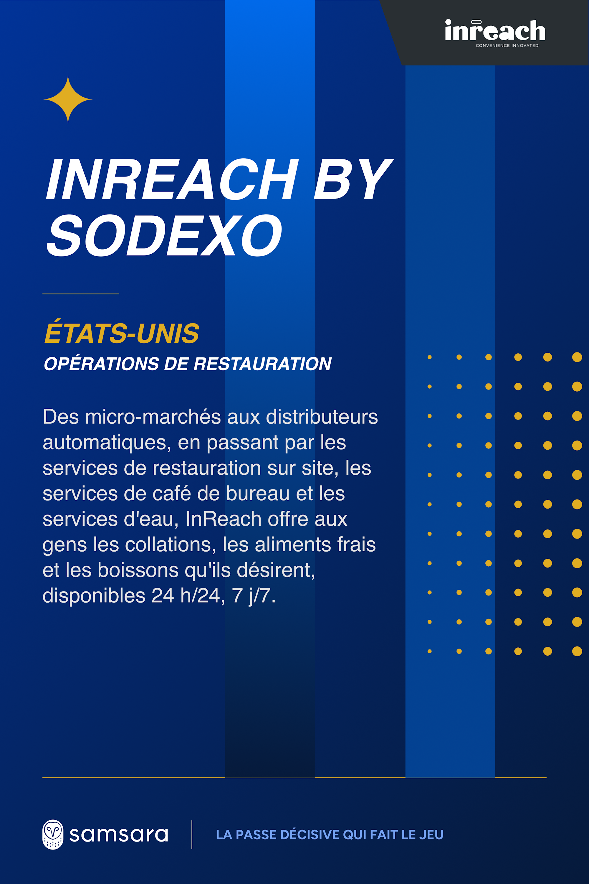 Affiche bleue InReach by Sodexo présentant les opérations de restauration aux États-Unis, avec logo Samsara.
