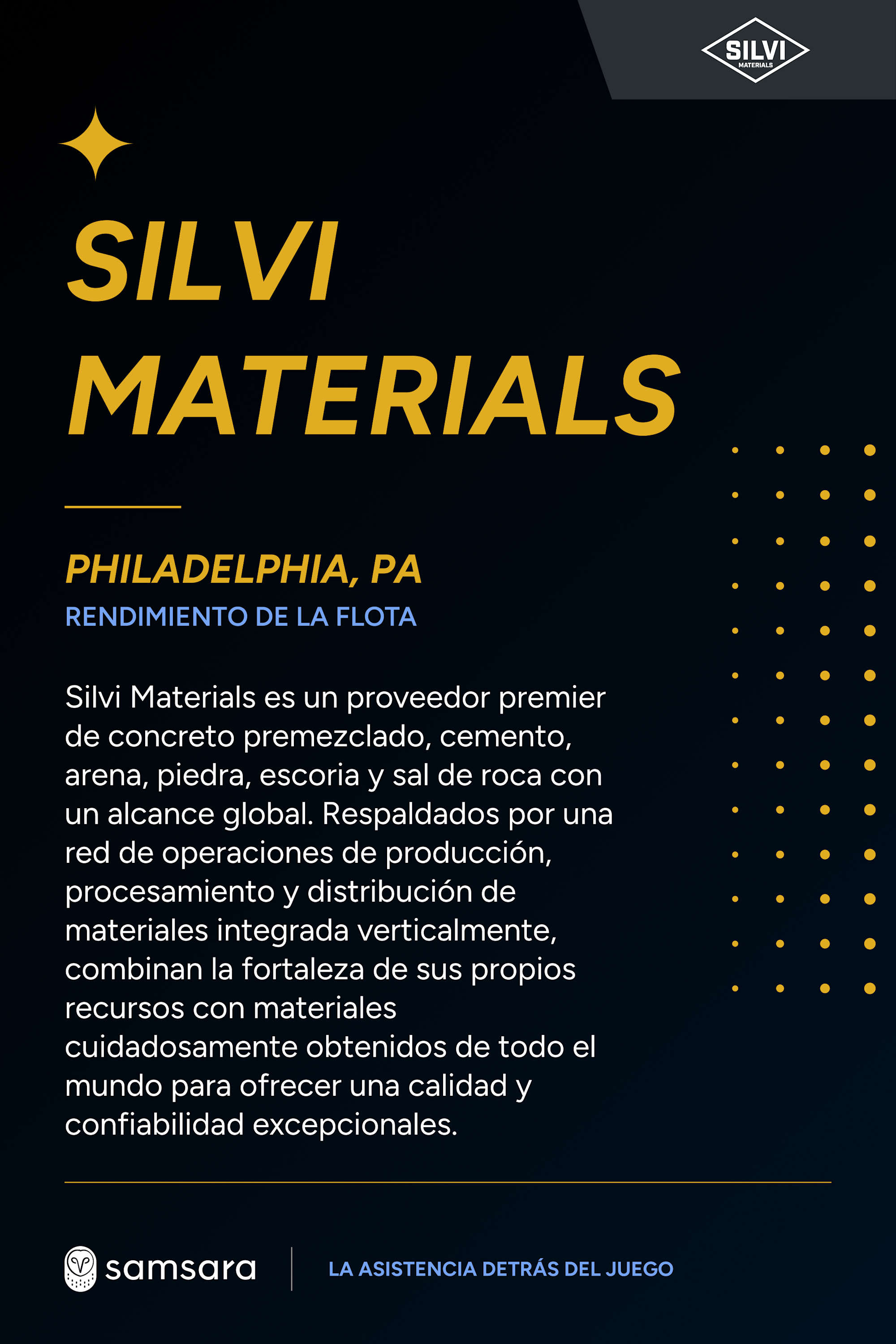 Cartel negro y dorado de Silvi Materials sobre rendimiento de flota en Philadelphia, PA, con logo de Samsara.