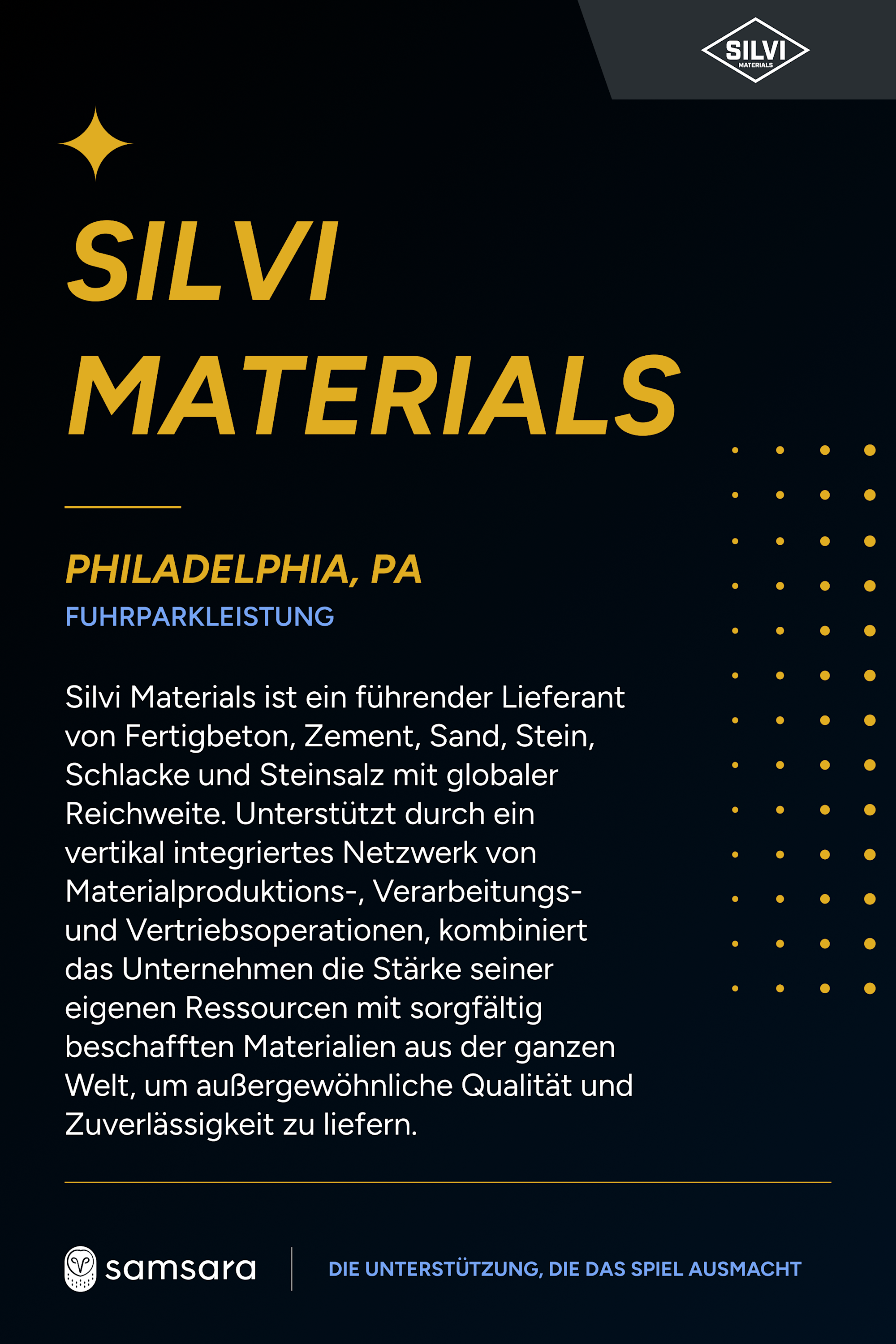 Silvi Materials Infografik auf schwarzem Hintergrund mit goldenem Text über Fuhrparkleistung in Philadelphia, PA.