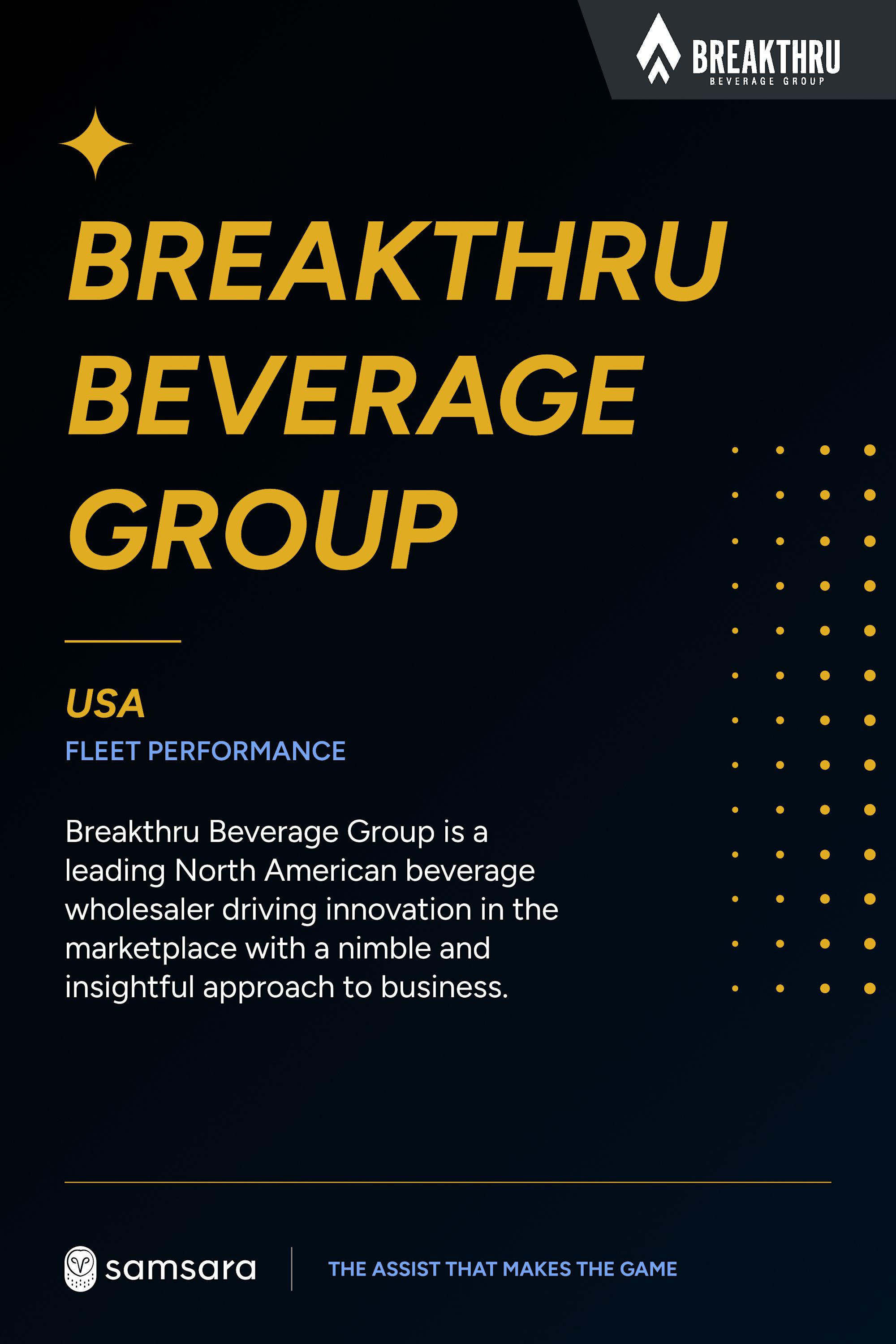 Breakthru Beverage Group promotional card highlighting USA fleet performance, featuring Samsara logo.
