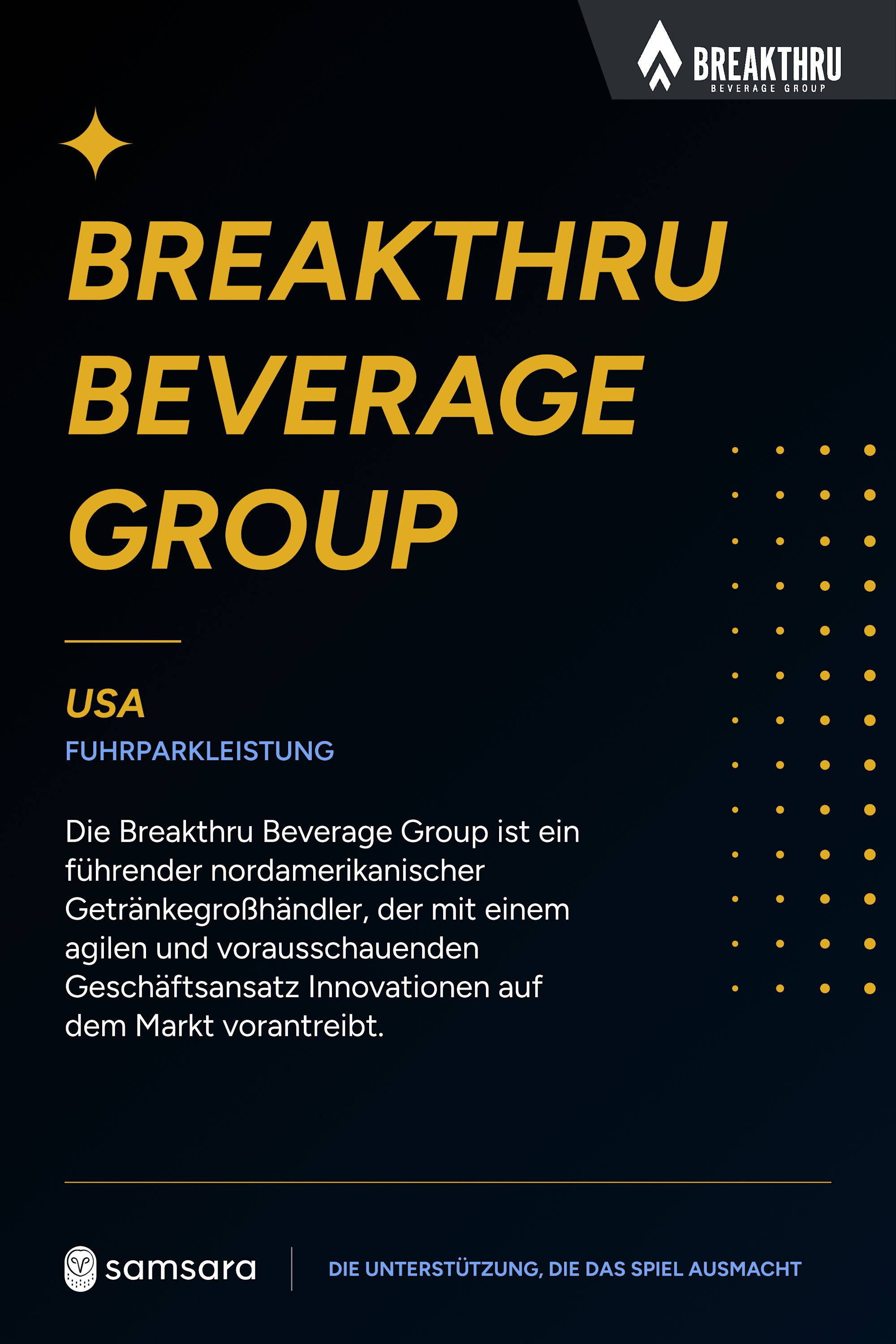 Dunkles Poster der Breakthru Beverage Group mit goldenem Text, Infos zur Fuhrparkleistung und Samsara-Logo.