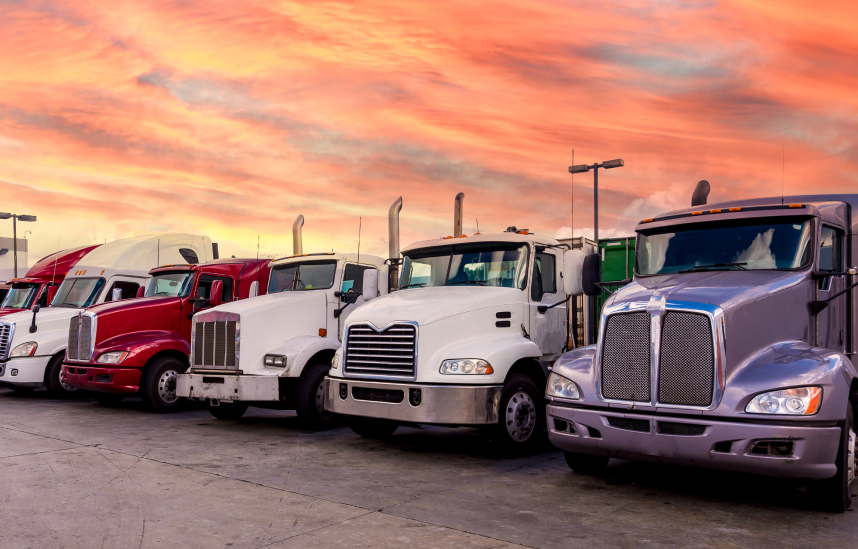 A row of semi-trucks in red, white, and gray parked in a lot under a vibrant orange and pink sunset sky.