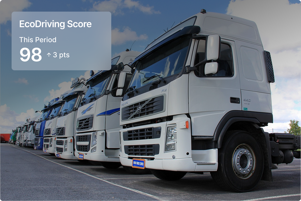 Truck fleet reading "ecodriving score 98 up 3 points"