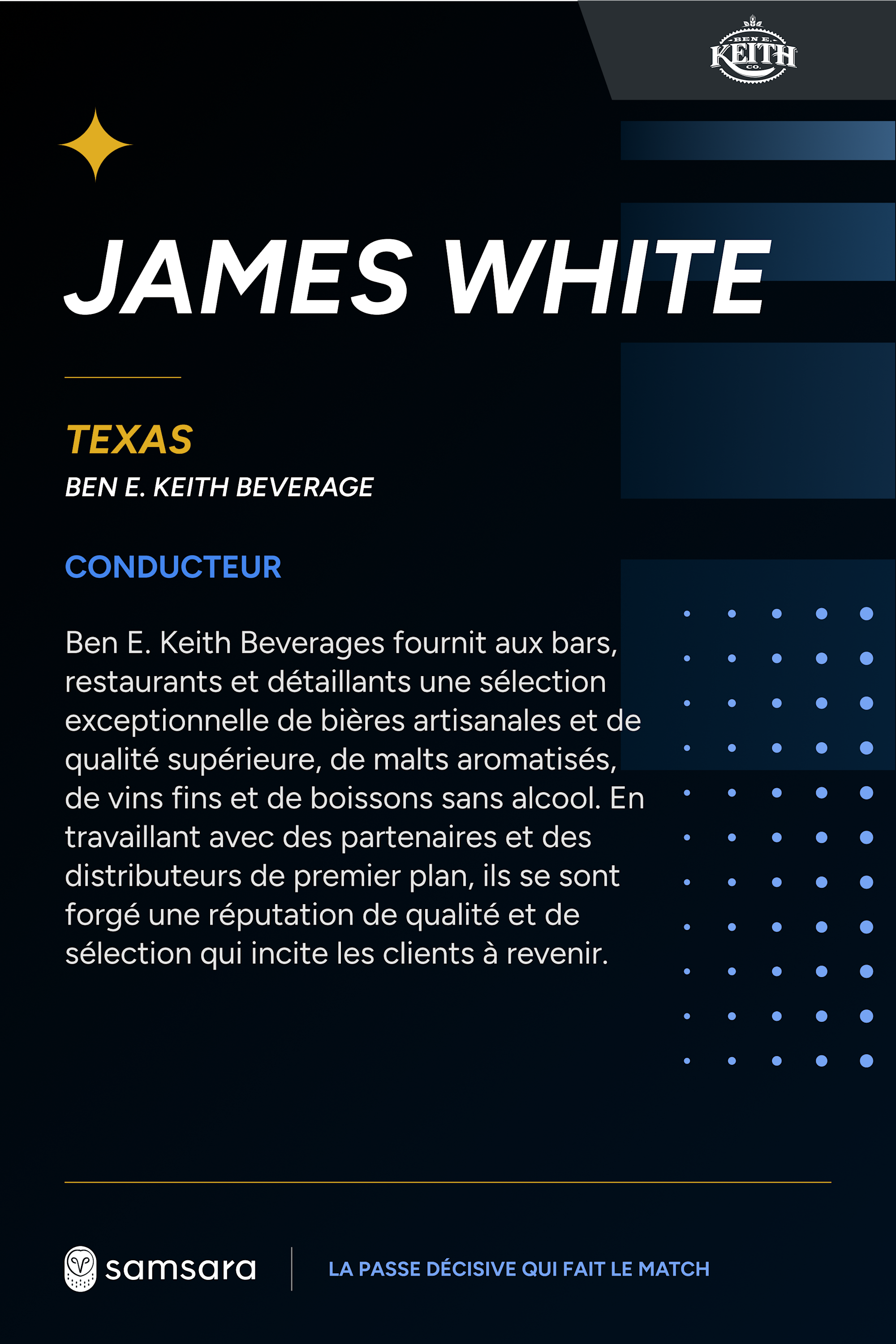 Carte de profil de James White, chauffeur chez Ben E. Keith Beverage au Texas, sur fond noir avec logo Samsara.
