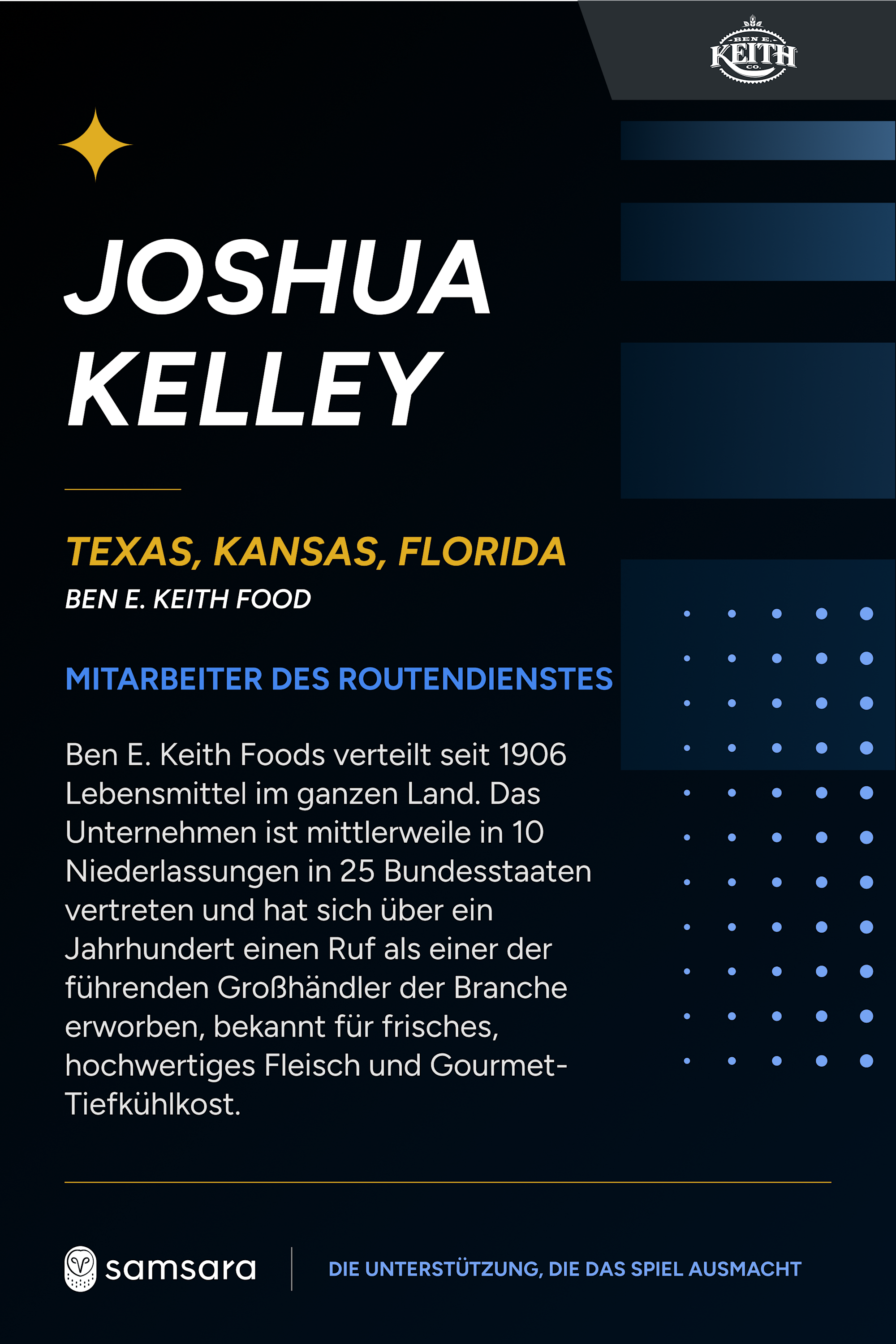 Infografik über Joshua Kelley, Mitarbeiter des Routendienstes, mit Samsara-Logo auf schwarzem Hintergrund.