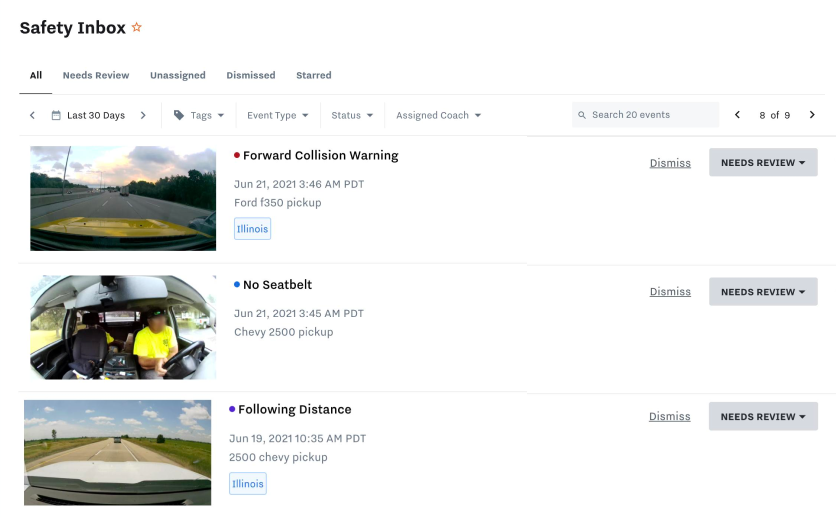 Screenshot of safety inbox for technician safety & coaching by Samsara