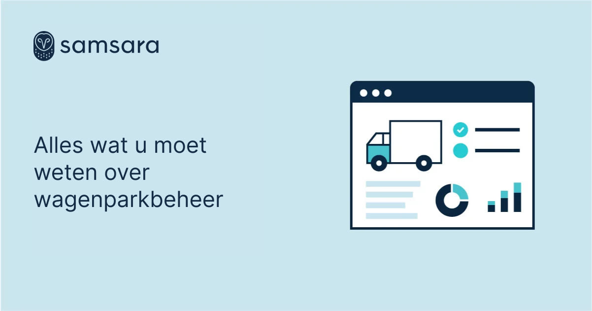 Samsara infographic over wagenparkbeheer met vrachtwagenpictogram en datavisualisaties op lichtblauwe achtergrond.