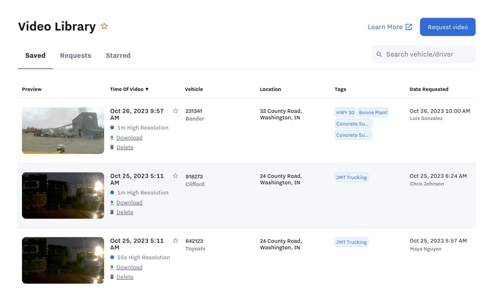 Video library on Samsara dashboard. Filter by date, vehicle, location, tags, and driver. Options to delete/download footage.