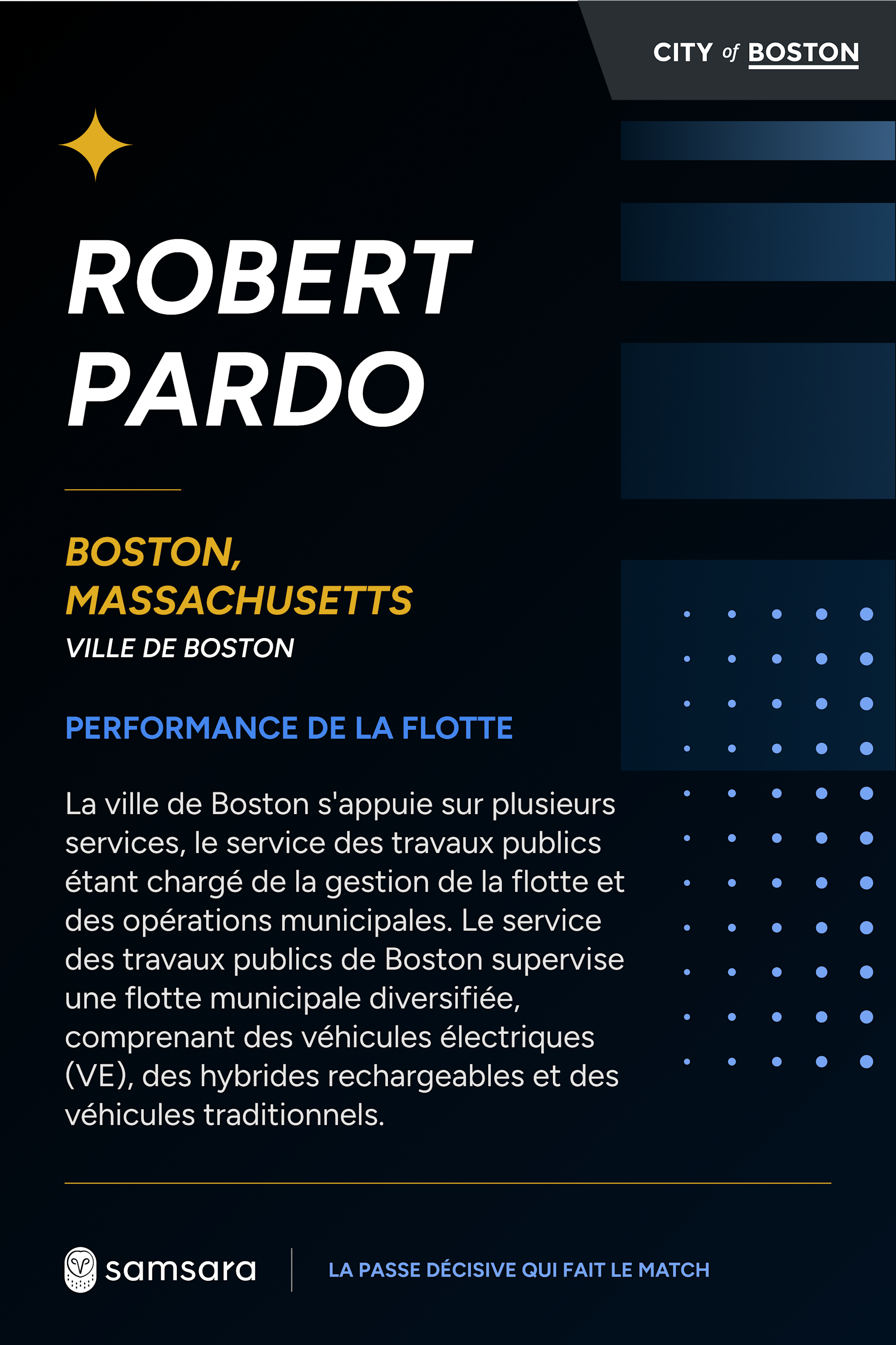 Carte de profil de Robert Pardo, City of Boston, sur fond noir, détaillant la gestion de flotte municipale par Samsara.