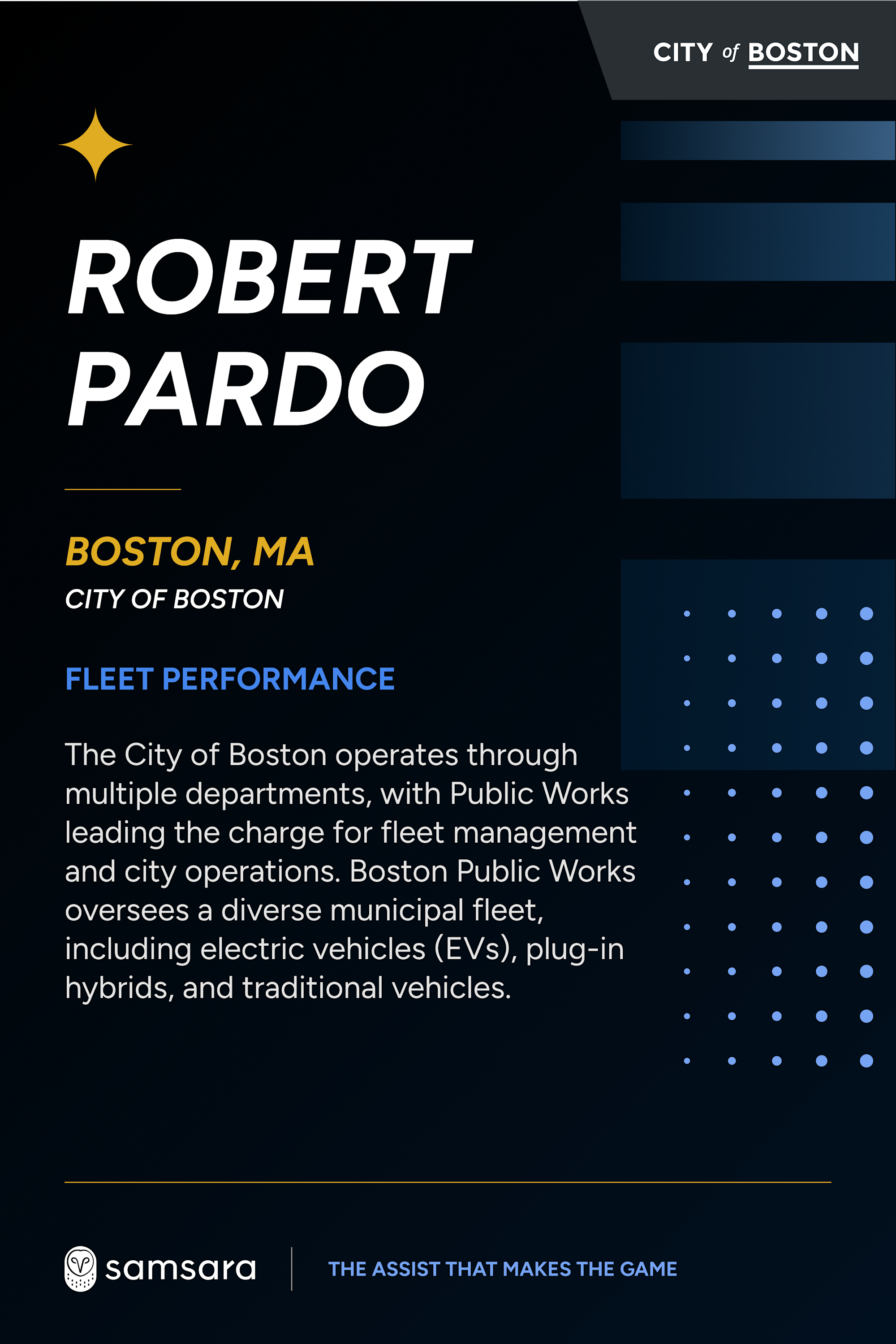Profile card for Robert Pardo, City of Boston, highlighting fleet performance managed by Samsara.