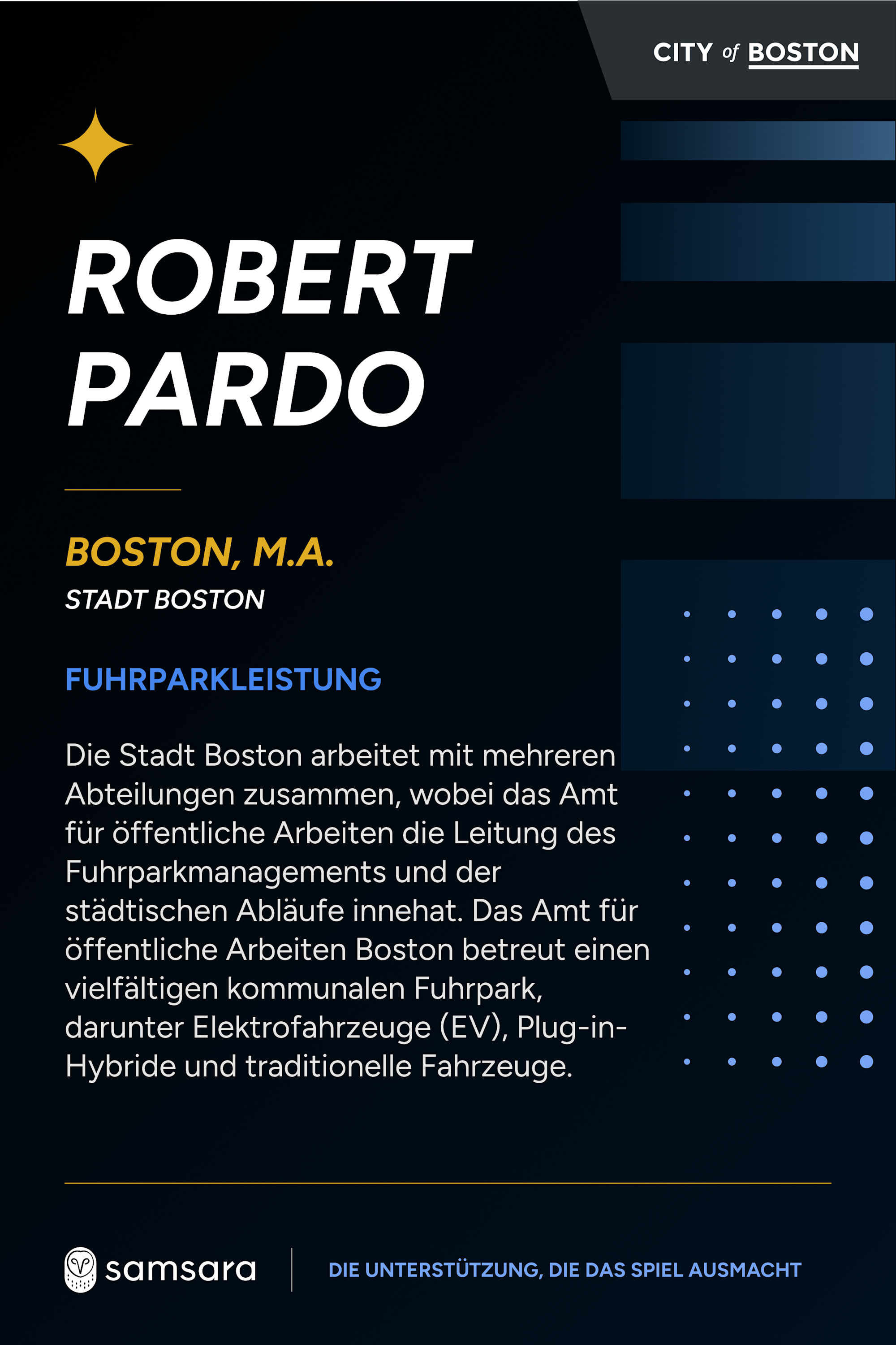 Profilkarte von Robert Pardo, City of Boston, über Flottenmanagement mit E-Fahrzeugen. Samsara-Logo unten.