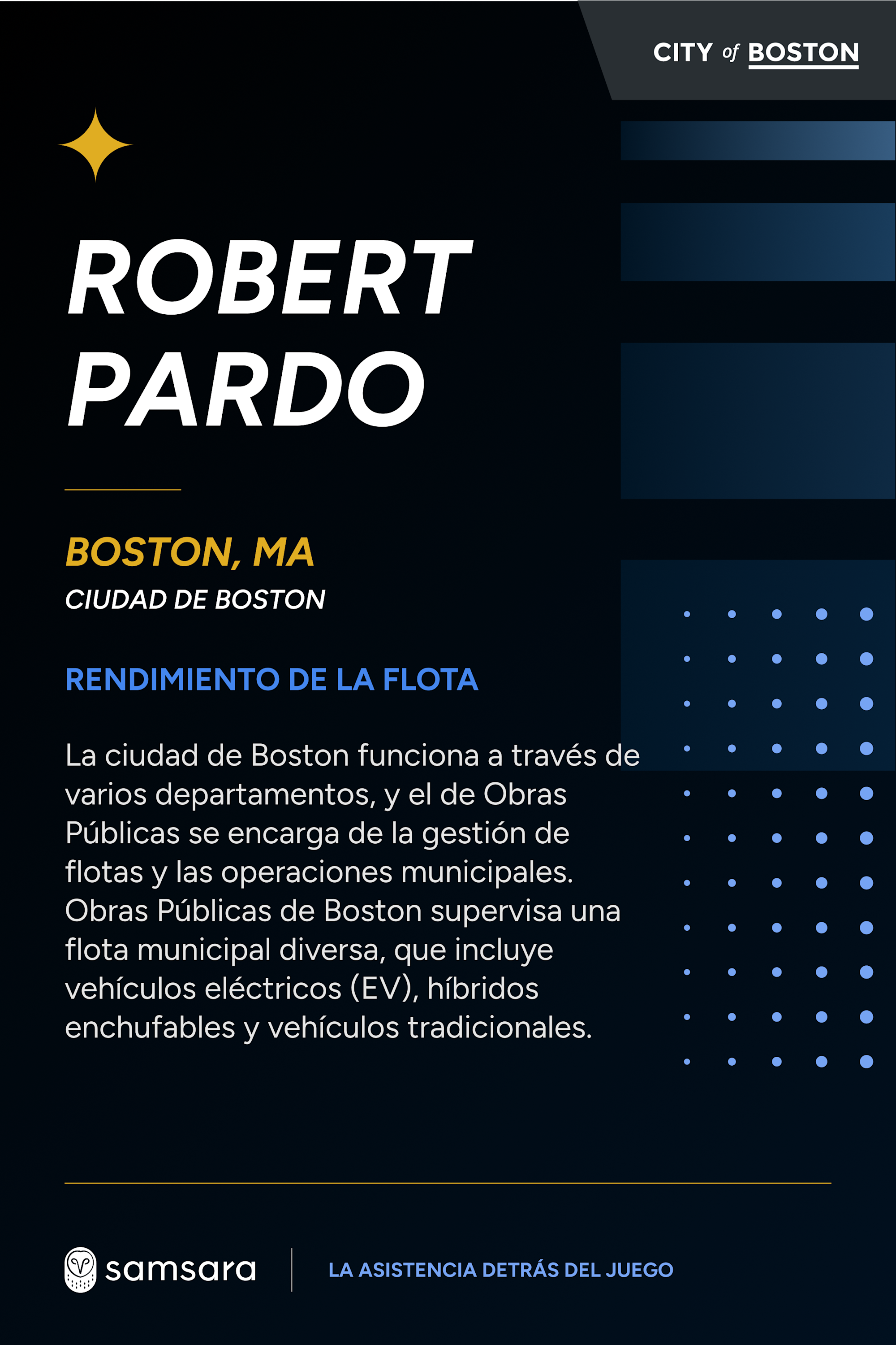 Tarjeta de perfil de Robert Pardo, Ciudad de Boston, sobre gestión de flota municipal. Logo de Samsara al pie.