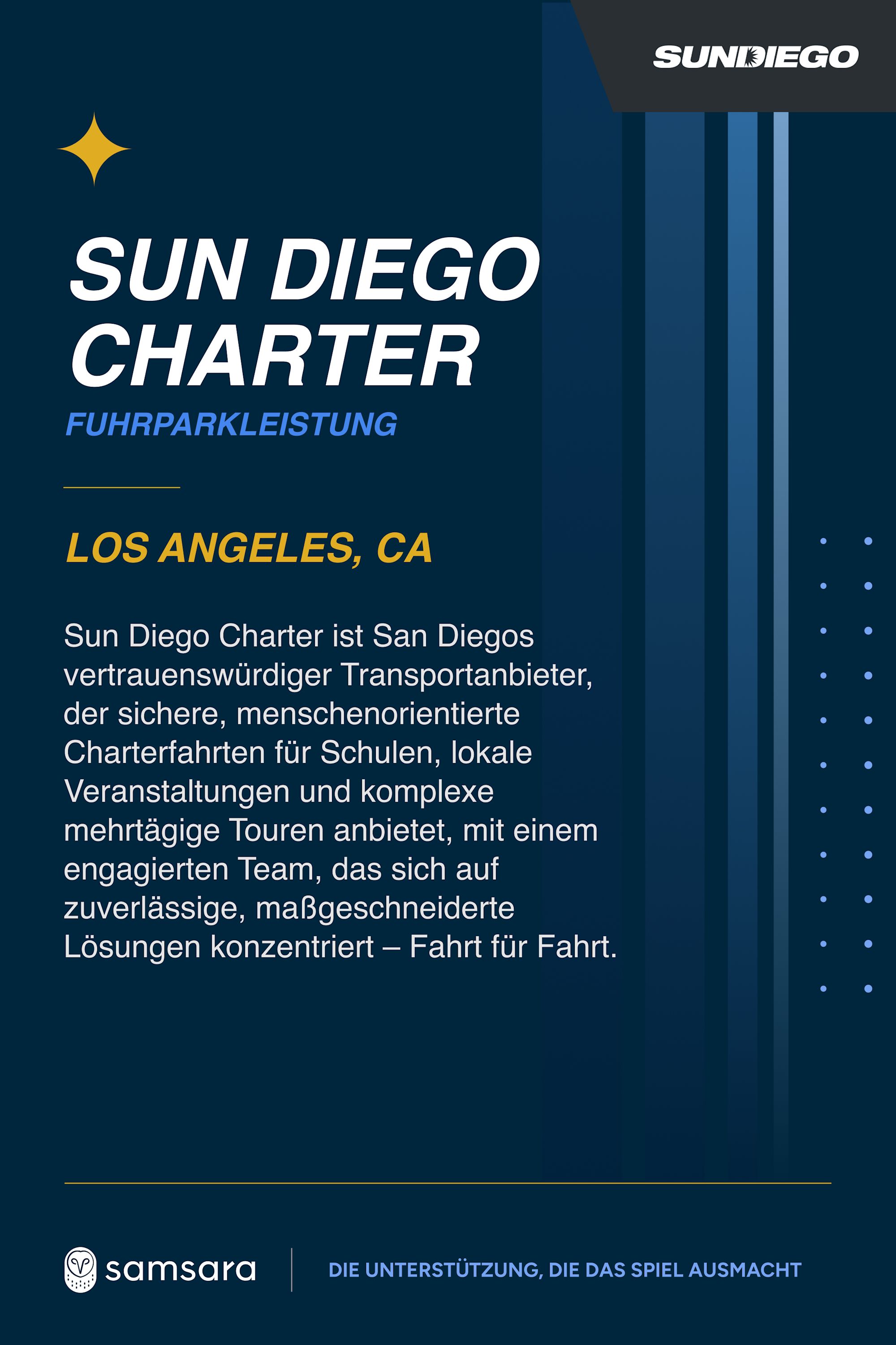 Dunkelblaues Infoplakat von Sun Diego Charter mit Text über Fuhrparkleistungen in Los Angeles und Samsara-Logo.