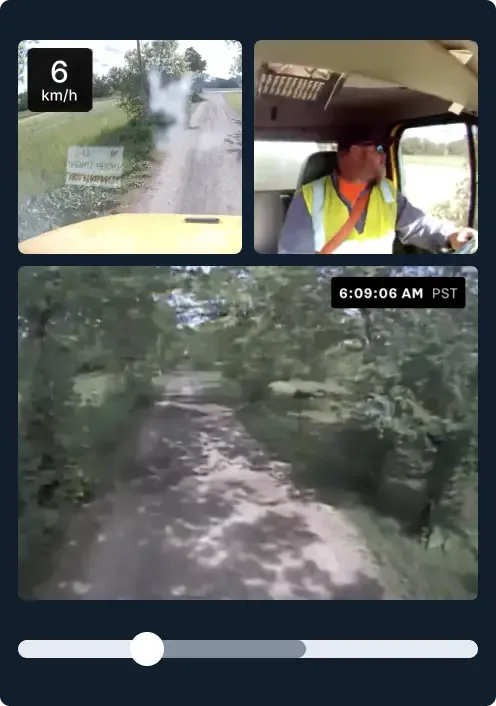 Cámara del salpicadero en pantalla dividida, conductor con chaleco de seguridad, camino de tierra y velocímetro de 6.4 km/h.