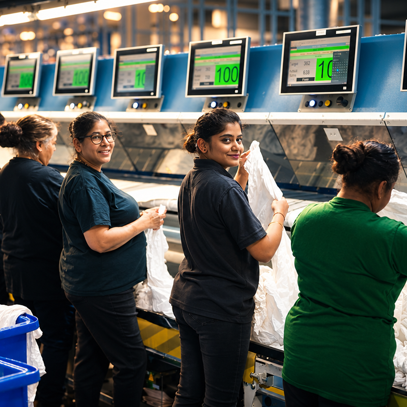 Four women working at an industrial laundry facility, sorting white linen on a conveyor belt with digital monitors above.