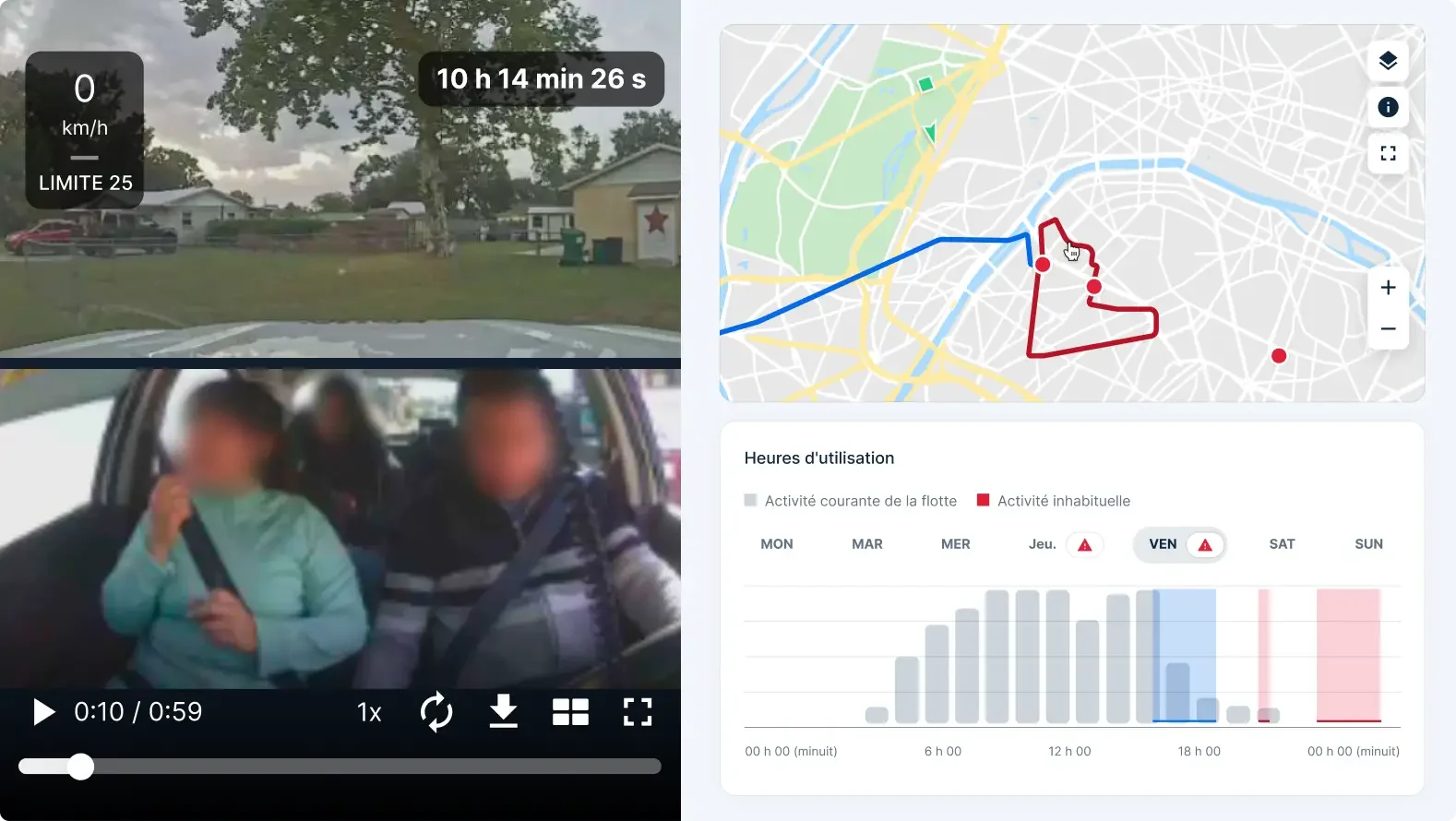 Tableau de bord du véhicule avec la zone résidentielle et l'interface avec l'itinéraire et les statistiques d'utilisation.