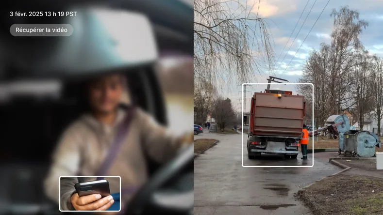vidéo montrant un conducteur qui utilise son téléphone tout en travaillant avec le camion de gestion des déchets