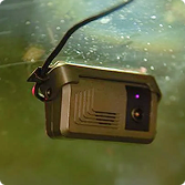 A small brown security camera with a glowing red LED, hanging against a green blurred background.