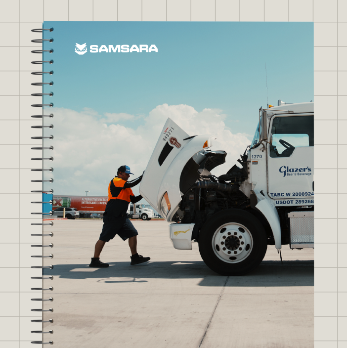 Samsara Safety Report cover with blue background featuring fleet vehicles and workers, highlighting fleet safety benchmarking