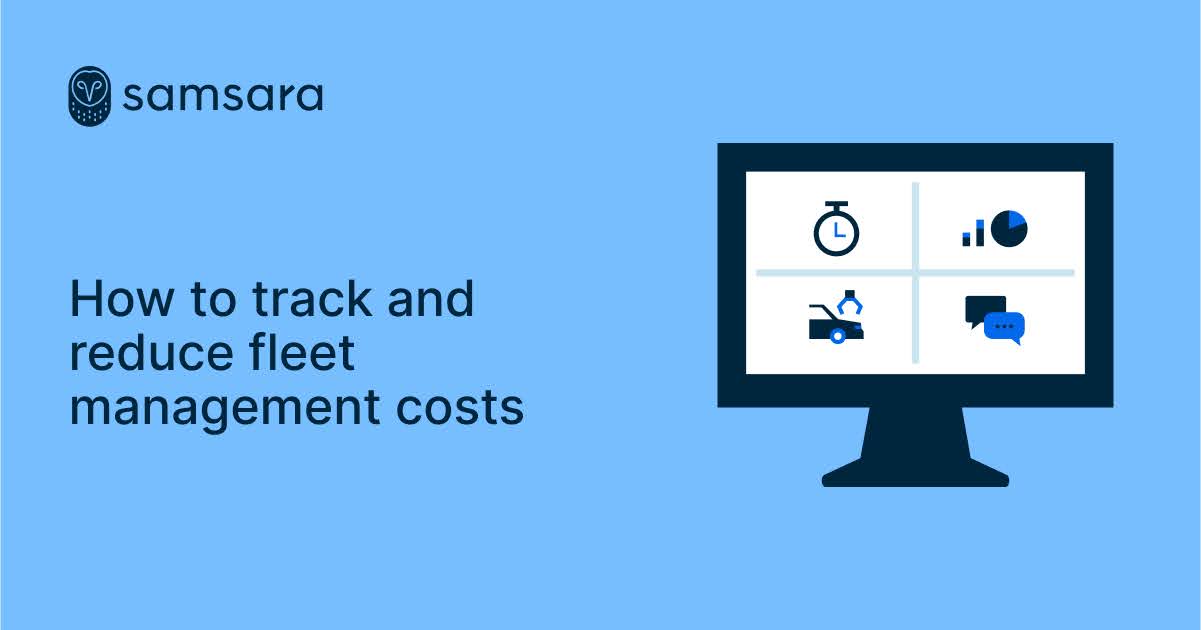 Samsara infographic showing fleet management cost tracking with monitor displaying icons for time, analytics, maintenance, and messaging.