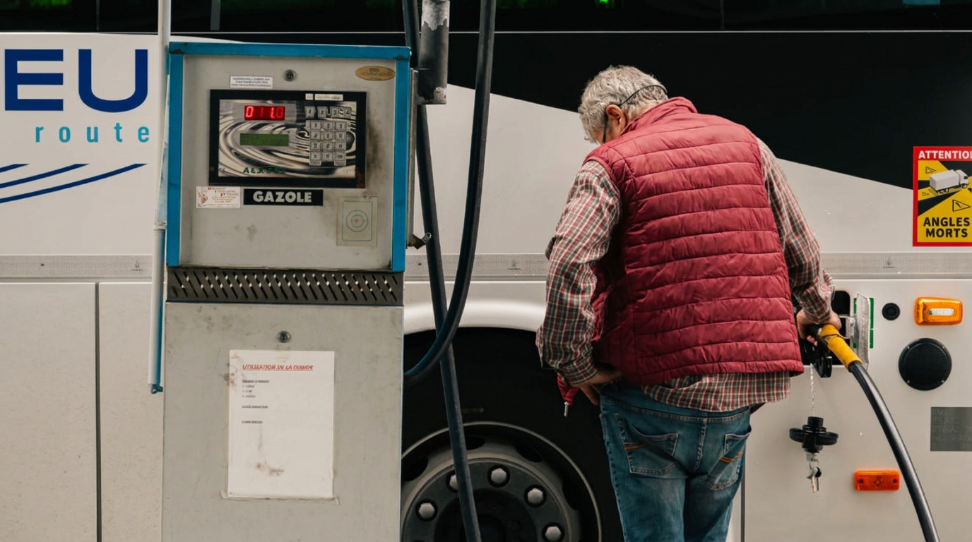 An older man in a red vest fueling a large white bus at a diesel pump labeled "Gazole" at a French station.