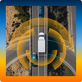 Aerial view of a white van on a road with yellow sensor wave graphics illustrating vehicle detection technology.