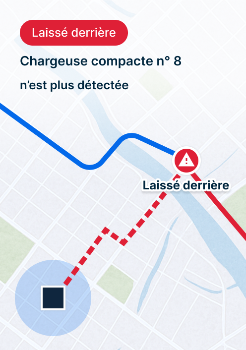 Carte « Skid Steer n° 8 non détecté » avec une alerte rouge « Left behind » et un suivi de l'itinéraire sur une carte.