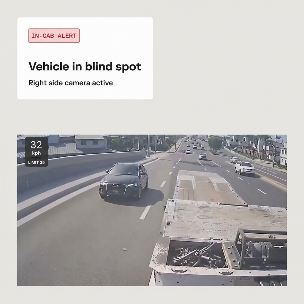 In-cab alert showing a vehicle in blind spot with right side camera active, capturing an Audi in adjacent lane at 32 mph.