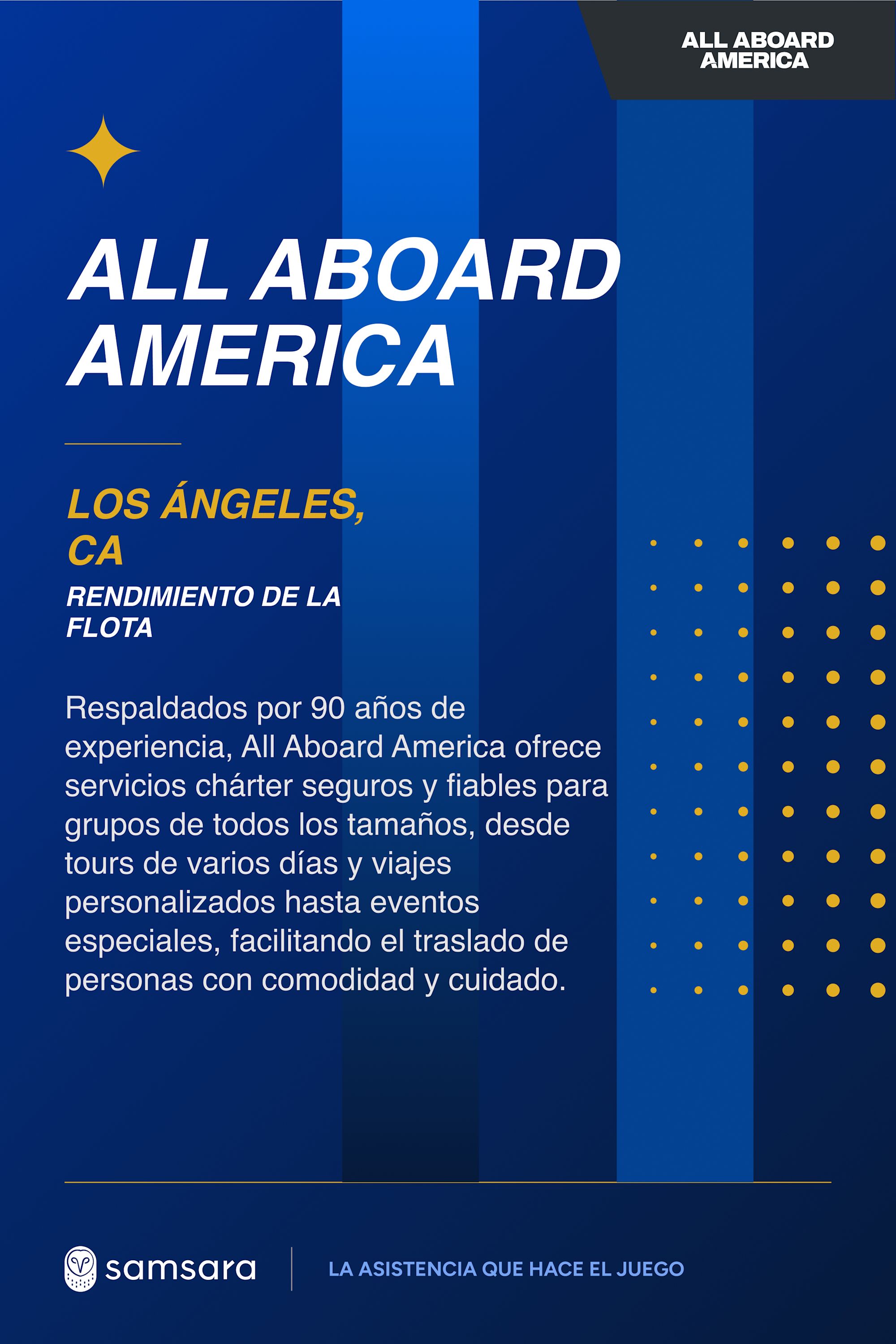 Cartel azul de All Aboard America en Los Ángeles con texto sobre servicios chárter y logo de Samsara.