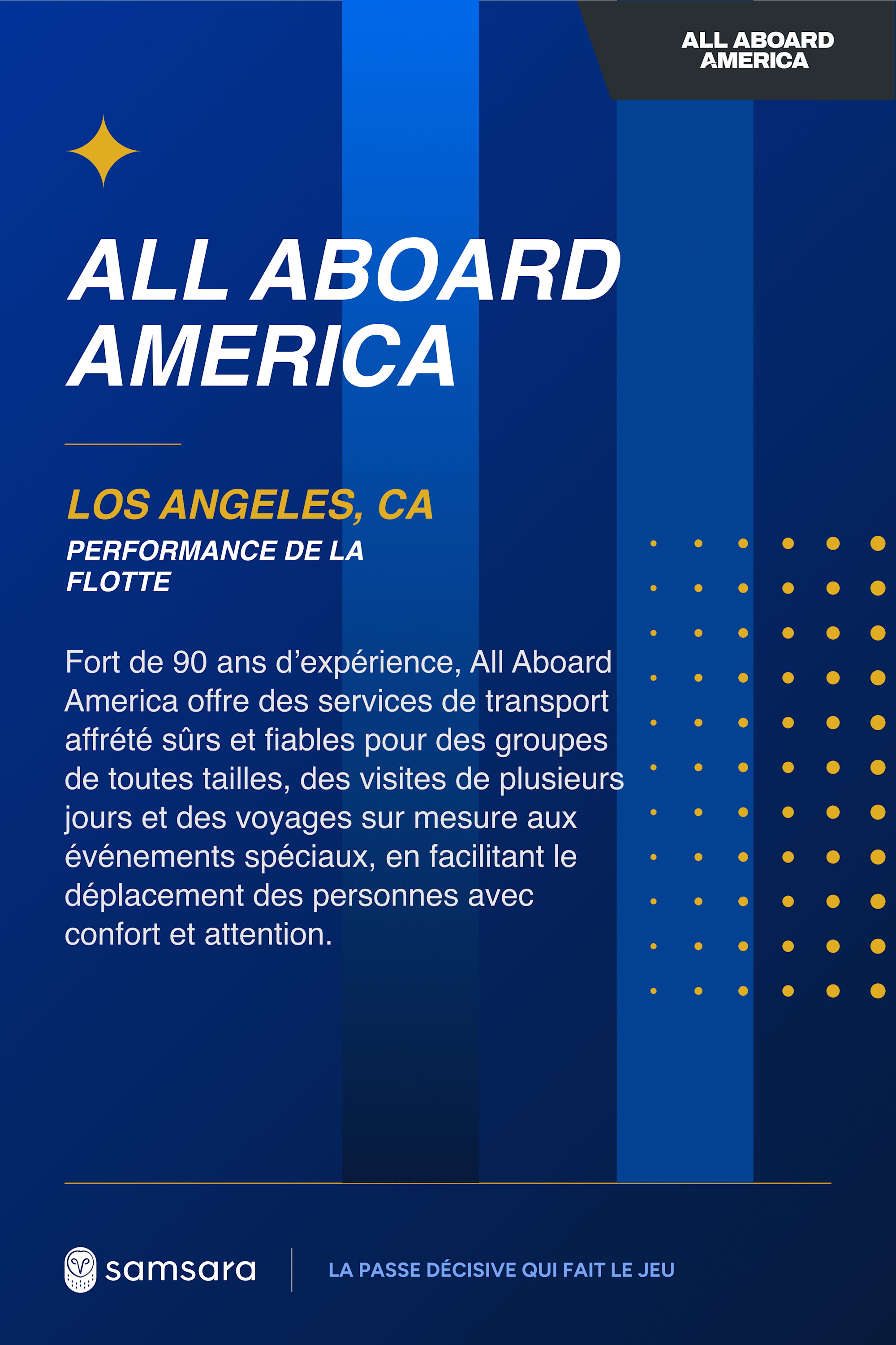 Affiche bleue All Aboard America présentant leurs services de transport à Los Angeles, avec le logo Samsara en bas.