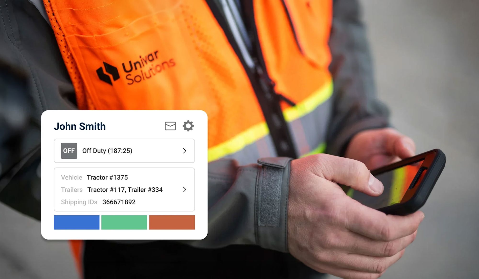 A Univar Solutions worker uses a smartphone, with a driver app profile screen overlay showing duty status.