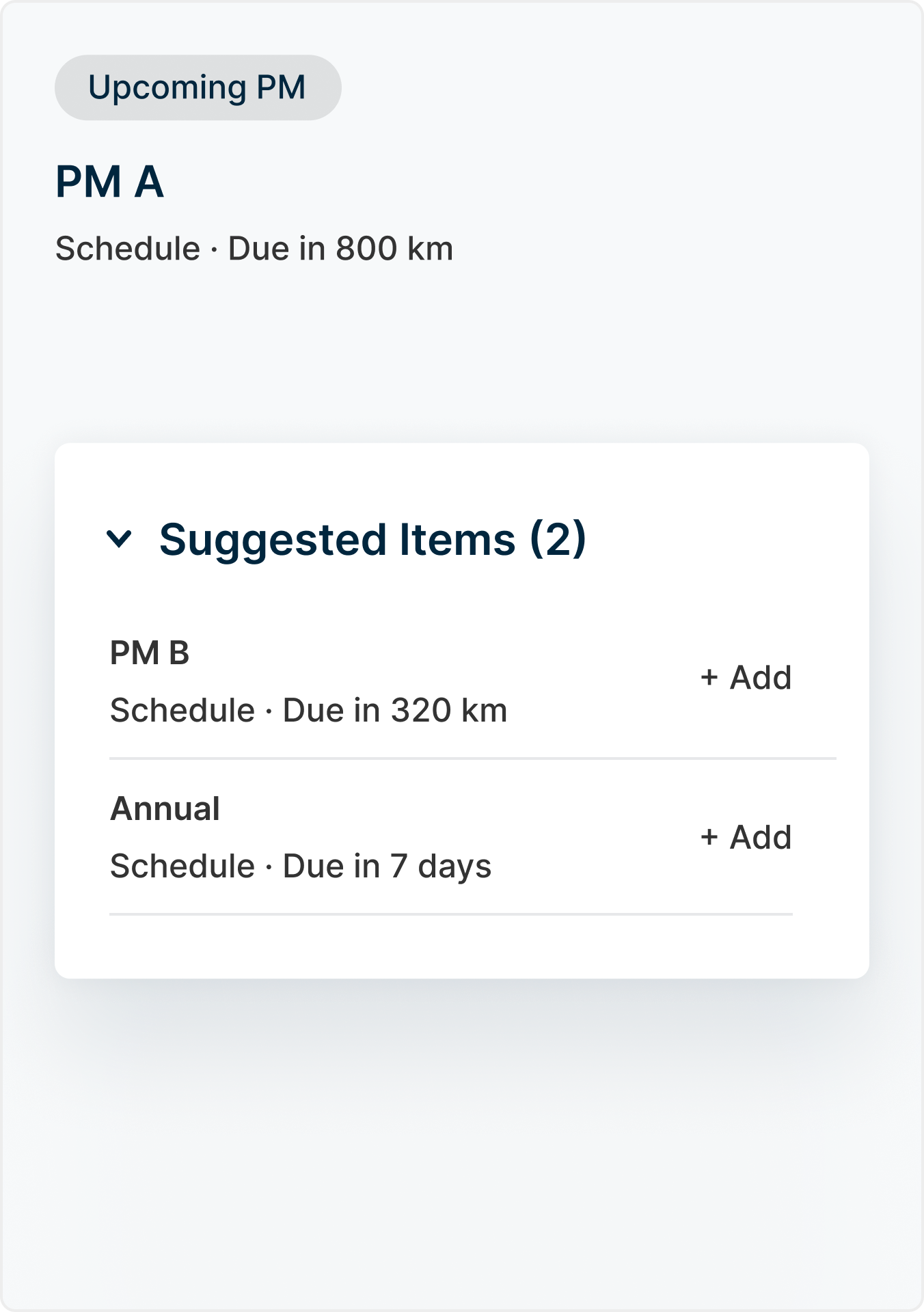 Work order suggestions-outstanding maintenance: passenger light, front mirror missing, oil change, tire pressure, brake pads.