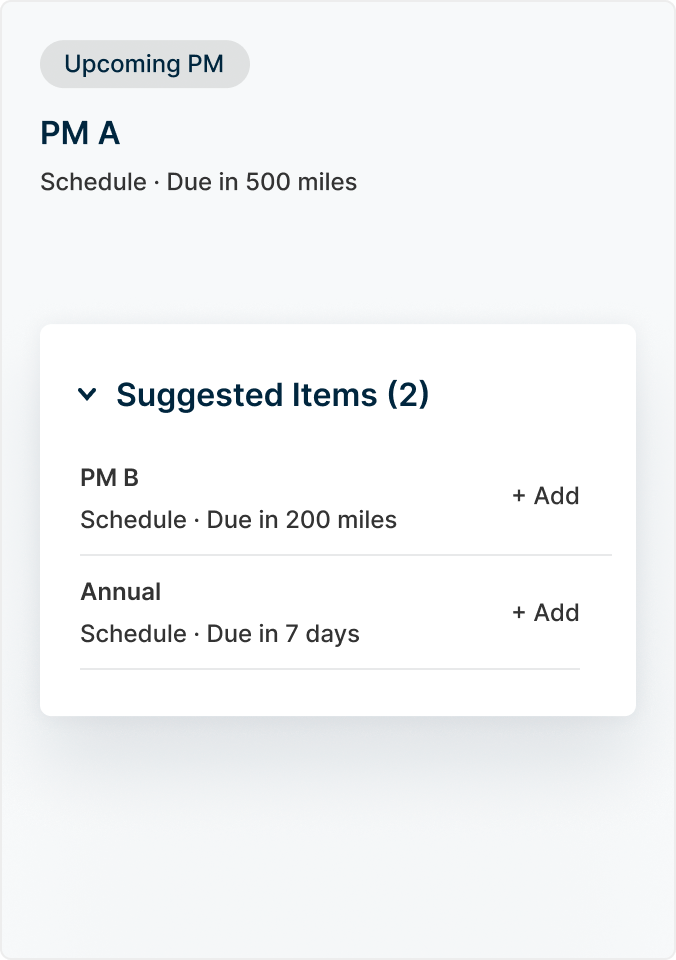 Work order suggestions-outstanding maintenance: passenger light, front mirror missing, oil change, tyre pressure, brake pads.