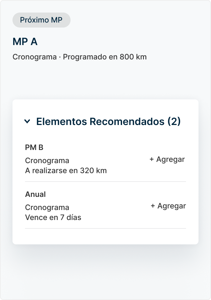 Sugerencias de órdenes de trabajo, mantenimiento pendiente: luz del pasajero, falta espejo delantero, cambio de aceite
