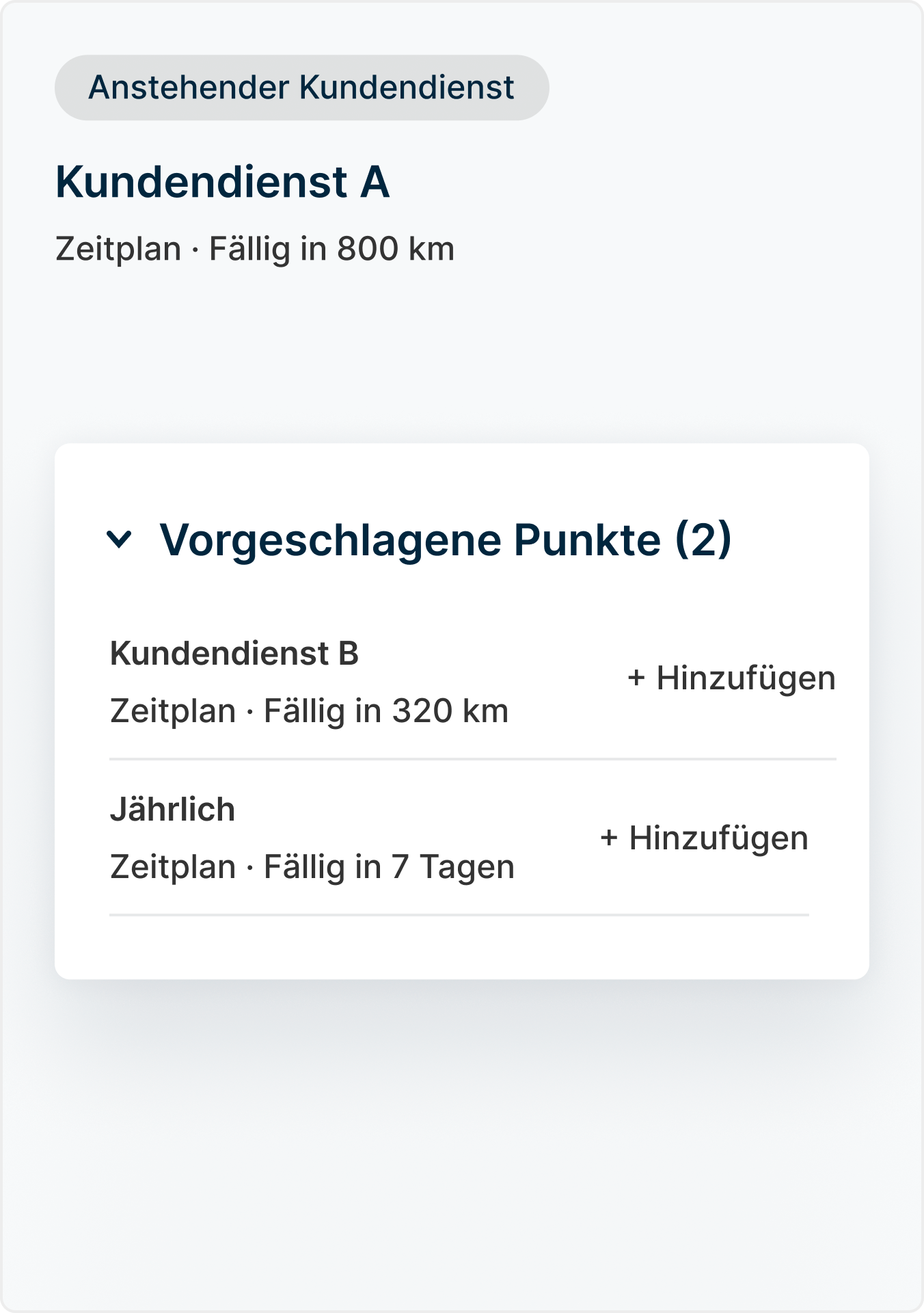 Arbeitsauftrag-Vorschläge ausstehende Wartung: Beifahrerleuchte, fehlender Frontspiegel, Ölwechsel, Reifendruck, Bremsbelag.