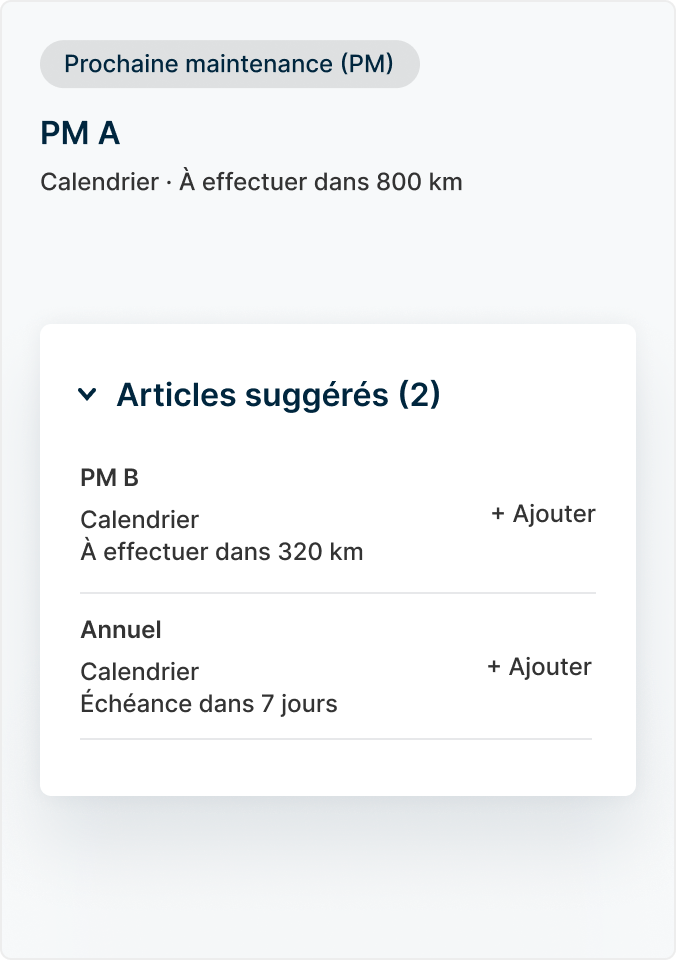 Suggestions : éclairage passager, rétroviseur avant manquant, vidange d'huile, pression des pneus, plaquettes de frein.